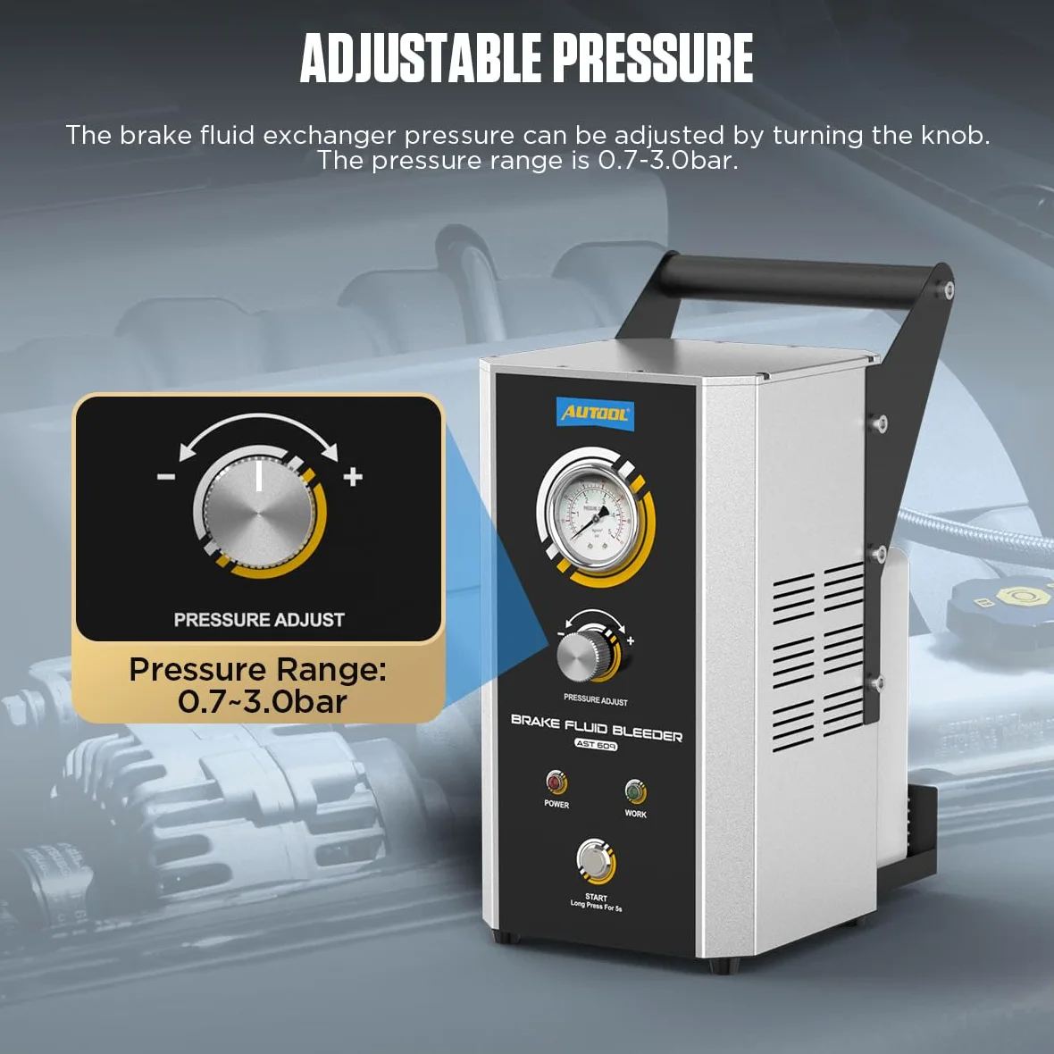 AUTOOL Purga de Freno Eléctrica- AST609 220V Equipo de Purga de Frenos Automático Pulsante con Bomba de Aire Incorporada y 7 Adaptador Presión Ajustable 0,5~2,5Bar para Vehículos