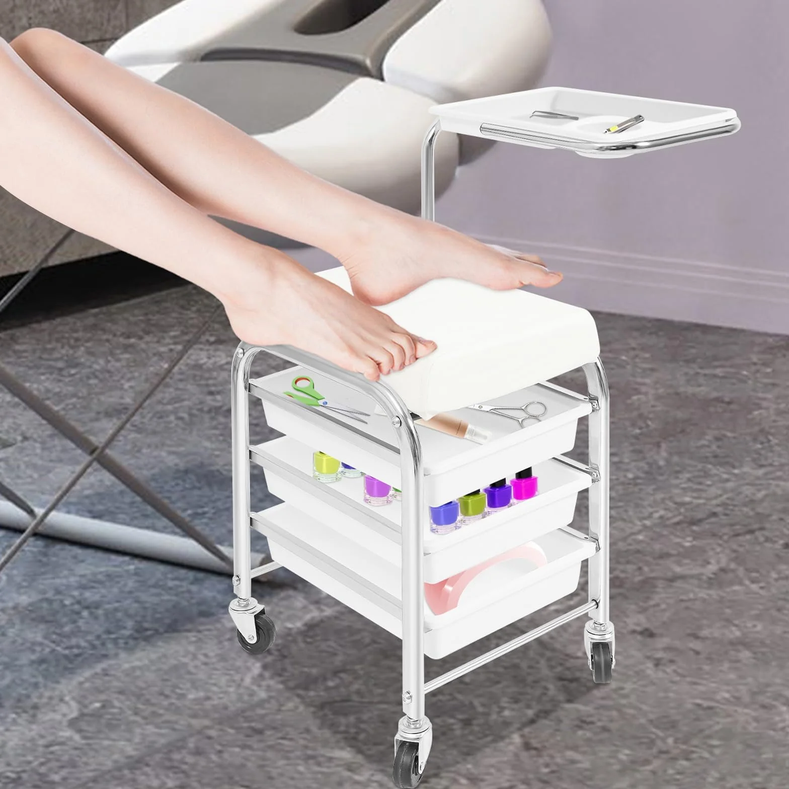 Carro de manicura regulable en altura blanco 100 kg 3 capas ruedas bandeja 20,87-30,31 pulgadas 12,2 x 14,96 x 17,32 pulgadas