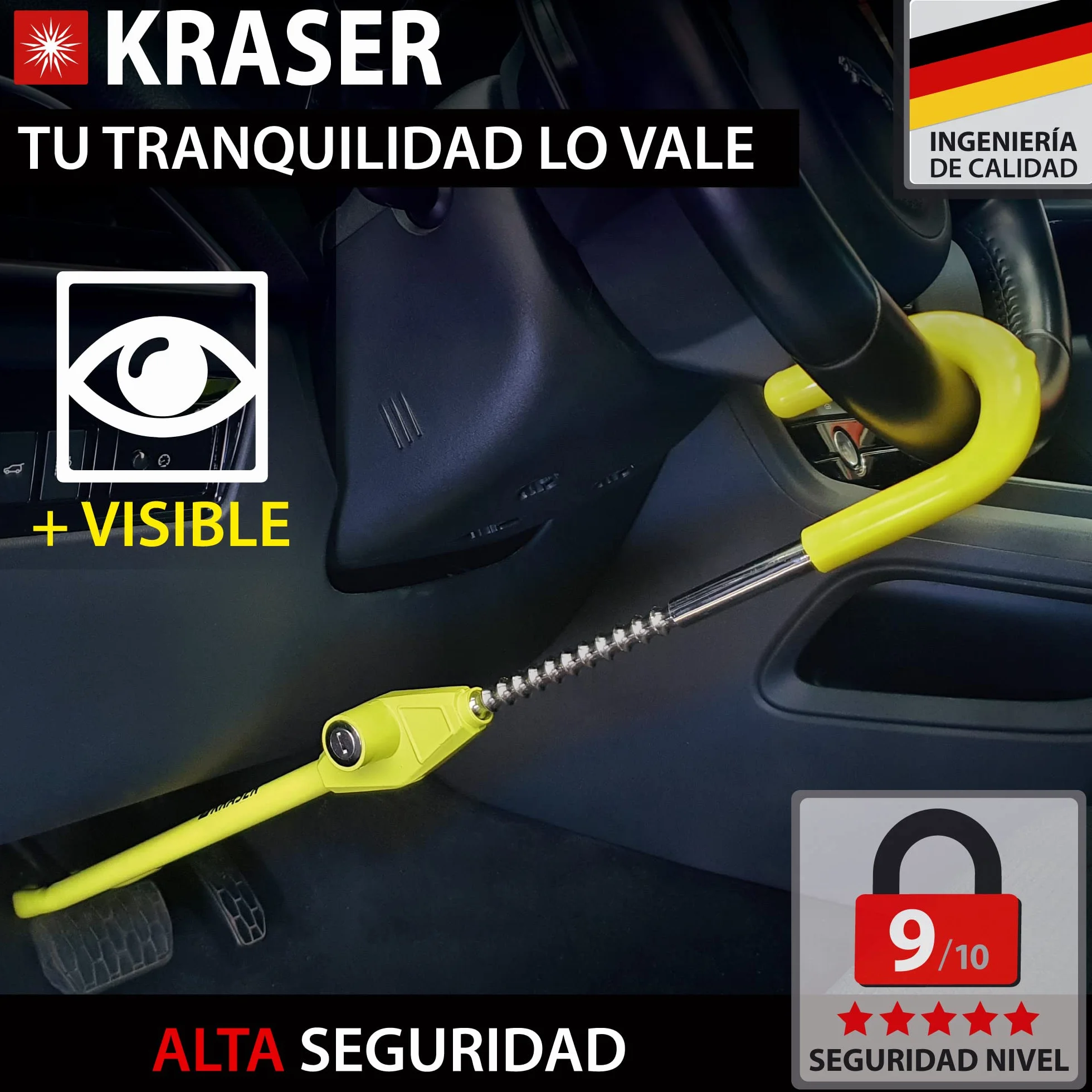 KRASER KR835 Antirrobo Coche Volante Pedal, Barra Amarilla Alta Visibilidad, Cierre Seguridad en Acero, Ajuste Gancho Más Extensible, Cepo Coche Universal Autocaravana Furgoneta