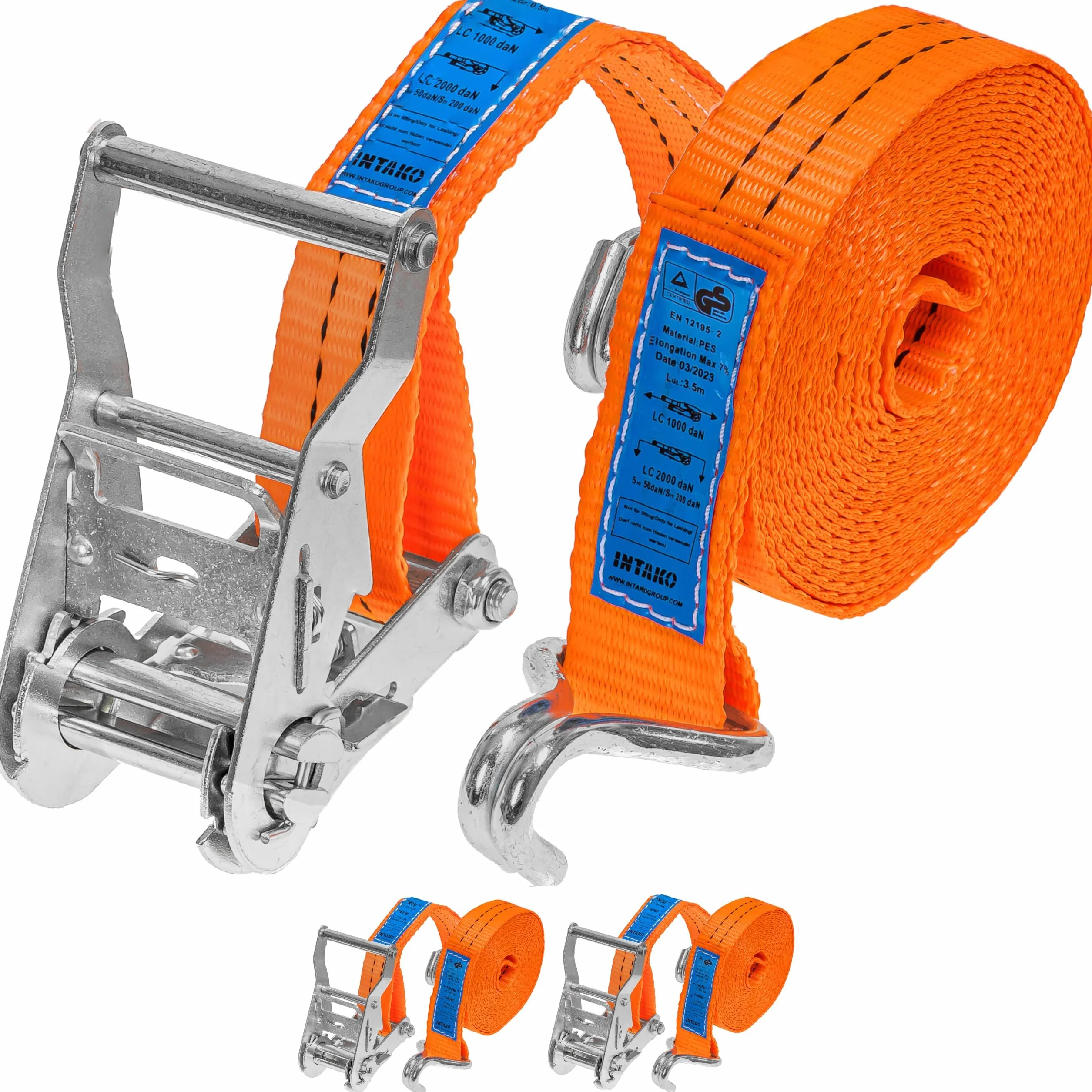 INTAKO Cinchas de Amarre con Carraca – 4m / 6m x 2000kg x 35mm – 2/10 Piezas – Eslingas con Carraca – Cinta de Amarre con Trinquete – Tensor de Cinchas para Auto y Moto (Naranja, 4m (2 Pezzi))