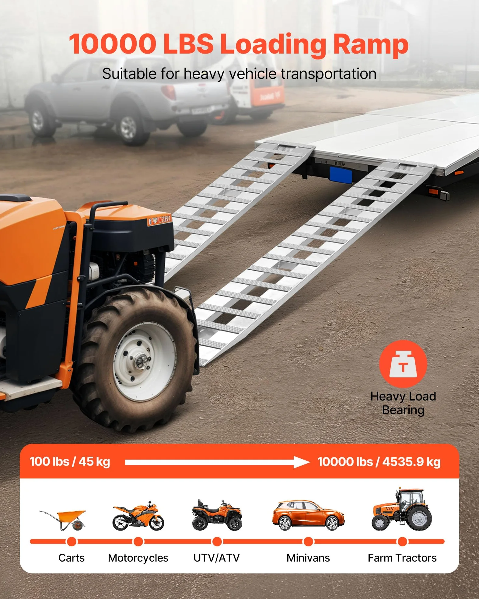 VEVOR Rampas de Aluminio Resistente 2 Piezas Rampas Resistentes Carga de 4535,9 kg con Placas Antideslizantes para Carros, Tractores Agrícolas, Vehículos Todoterreno, Cortacéspedes, Motocicletas