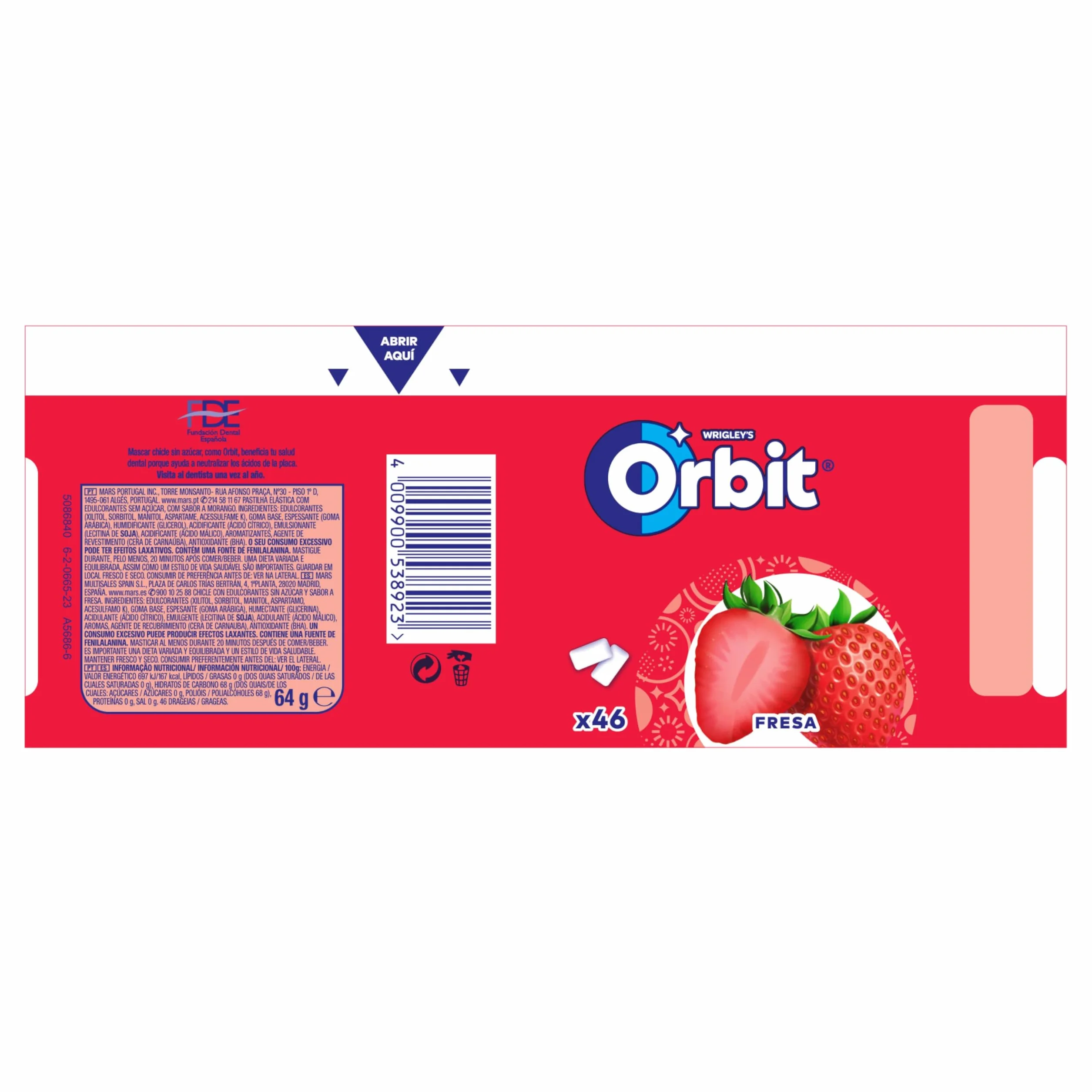 ORBIT Bote de Chicles Sin Azúcar Sabor Fresa Pack 6 Botes 46 Chicles Cada Uno