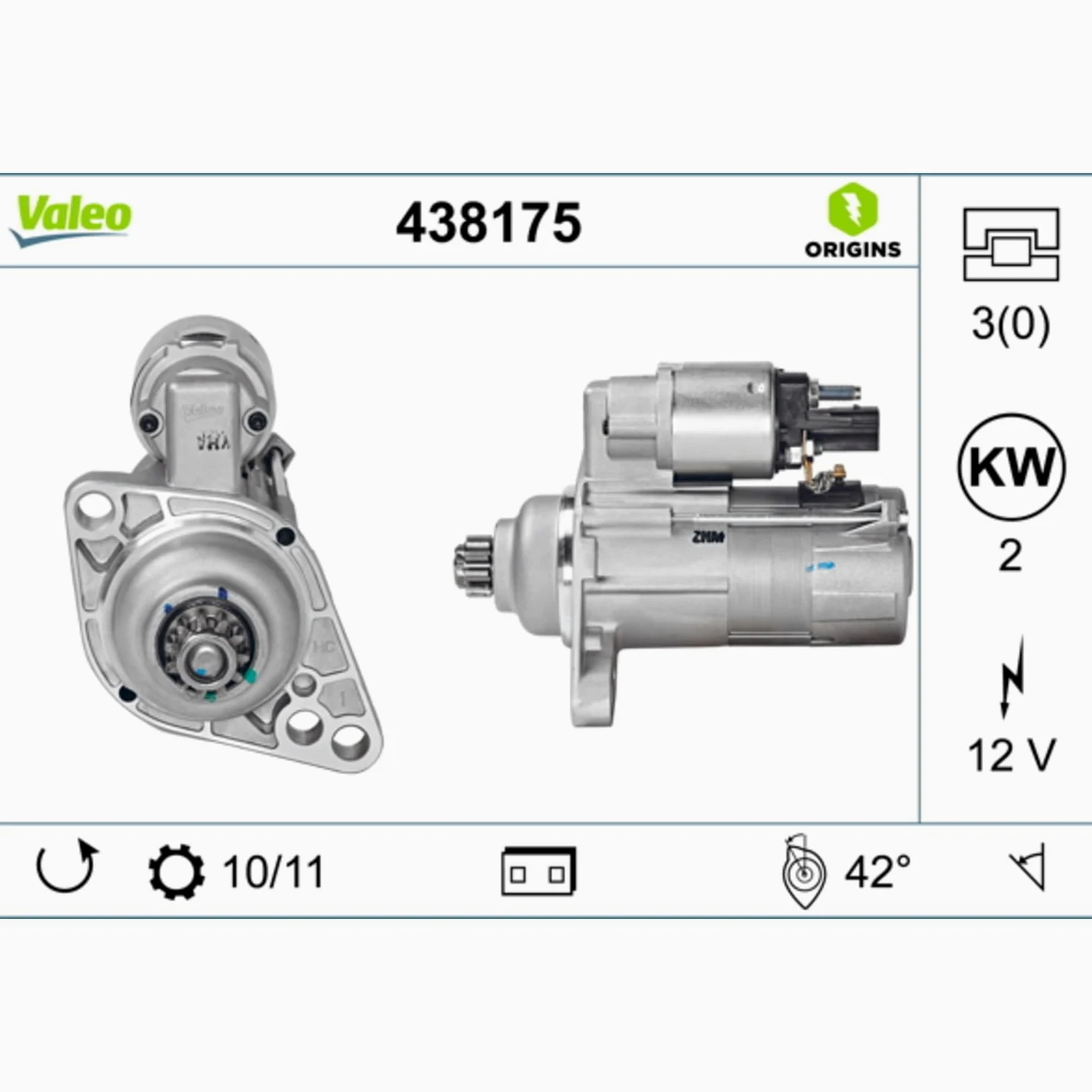 VALEO-438175-Motor de arranque- Potencia nominal: 2 kW - Stop & Start: NO - Número de dientes: 11 dientes - Tensión: 12 V - Sentido de rotación: ANTI CLOCKWISE