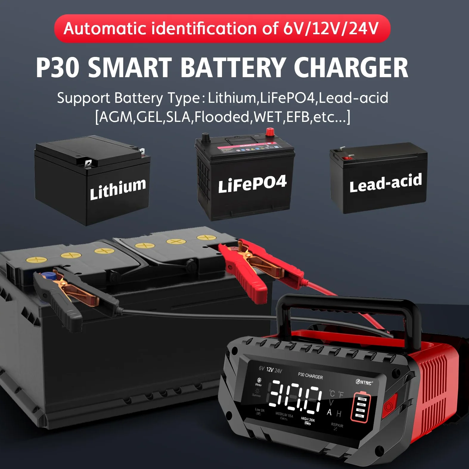 P30 Autobatterieladegerät 6V 12V 24V, intelligentes Schnelladen für Autos eignet Sich für Lithiion LiFePO4 Bleisäure (AGM, Gel, EFB, etc.), Autos, Schiffe, Rasenmäher und andere Batterietriebe.