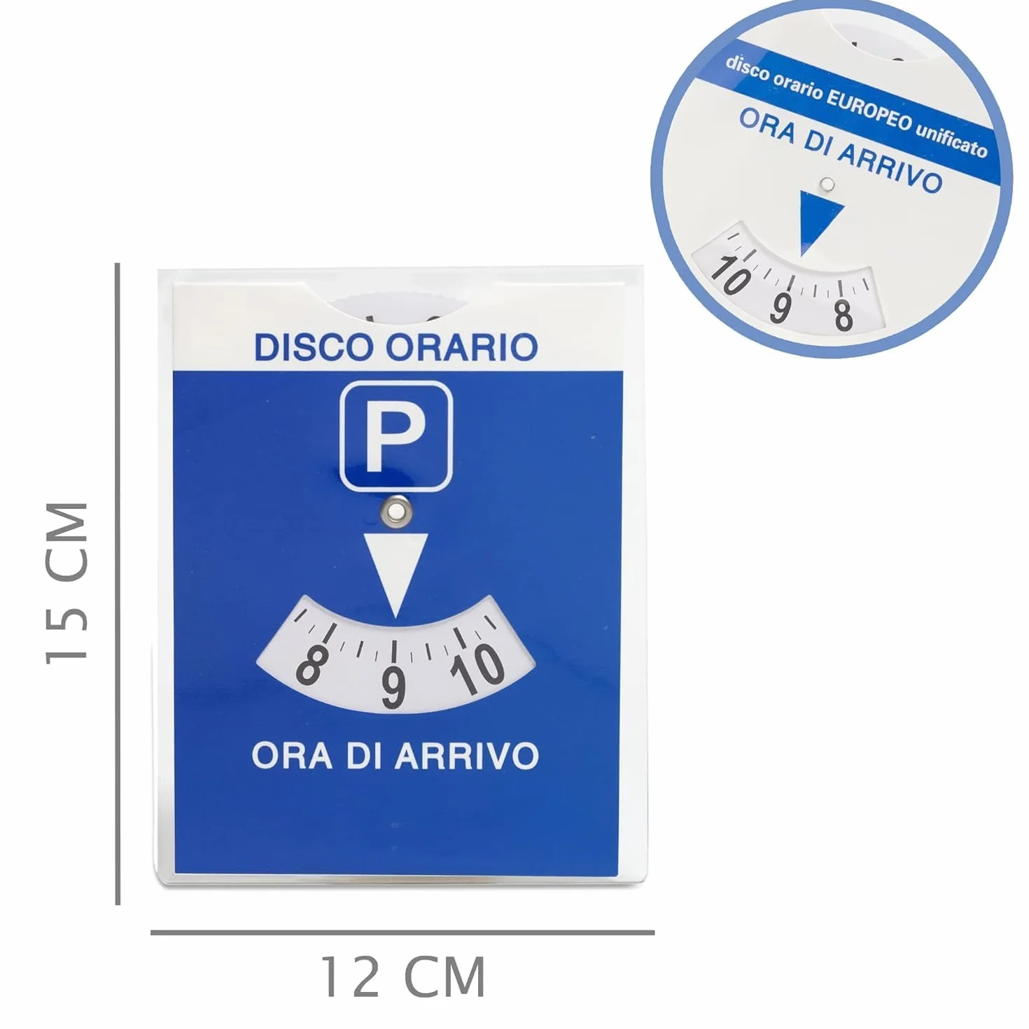 3 unidades – Disco horario para coche Maxi + Porta documentos de coche de plástico azul + bolsa protectora de PVC – 15 x 12 cm – Bienestar In Linea – Parquímetro, disco horario italiano para coche y