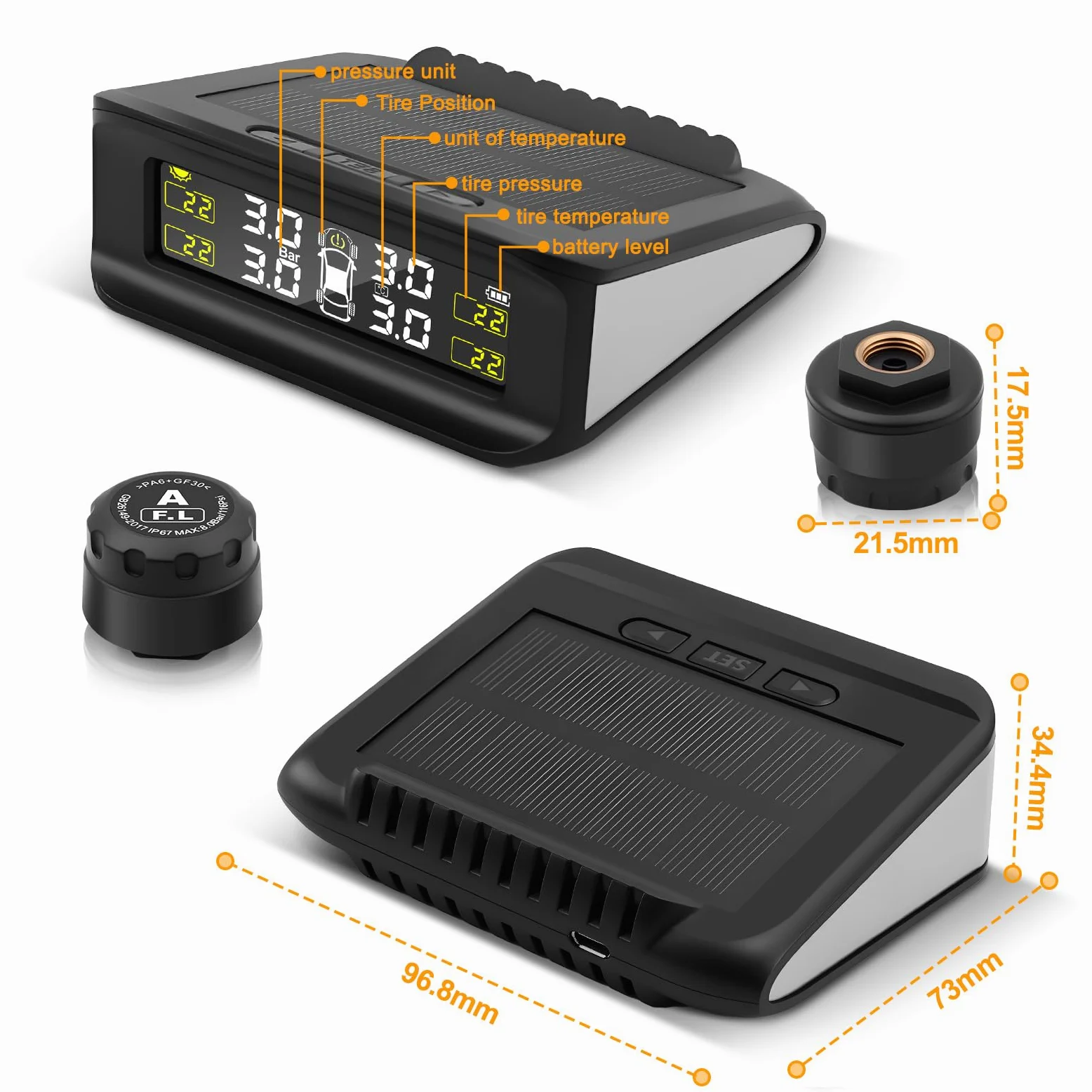 TPMS Sistema de Monitoreo de Presión de Neumáticos, Carga Solar/USB, 5 Funciones de Alarma, 4 Sensores Externos, 0-87 PSI/0-6.0 Bar,Compatible Berlina/SUV/MPV