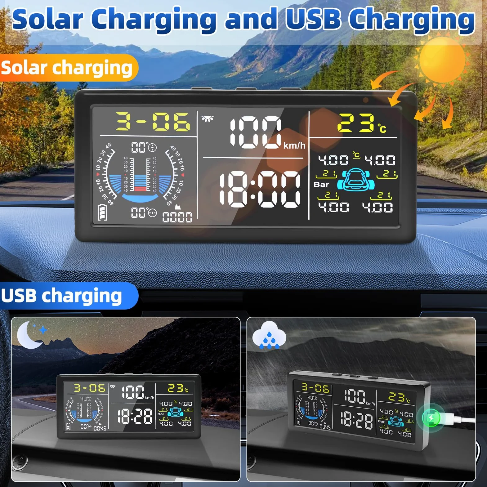Sistema de Monitoreo de Presión de Neumáticos TPMS 0-199psi, Solar USB, Sensores de Núcleo de Cobre, 6 Modos de Alerta Incluyendo Alerta de Exceso de Velocidad Vehículo Remolque Caravana