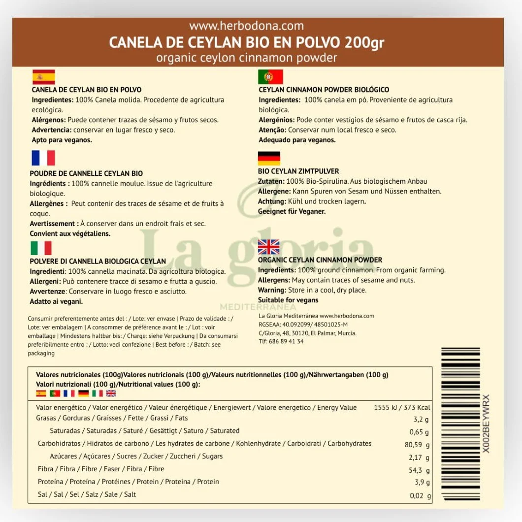 La Gloria Mediterránea Canela de Ceylán en Polvo 200g Ecológica