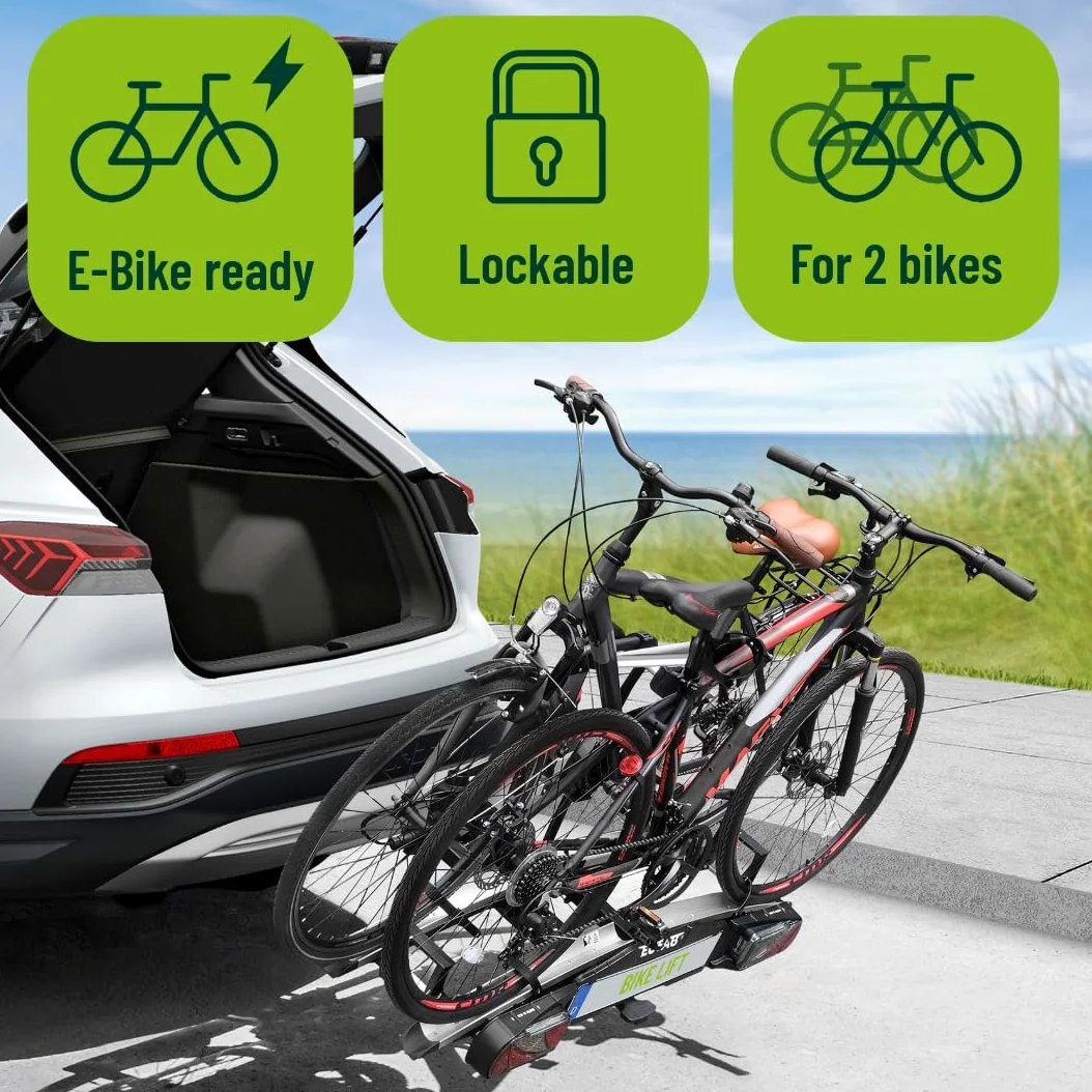 EUFAB Portabicicletas 11554 Bike Lift, Apto para Bicicleta eléctrica, Totalmente premontado, Descenso eléctrico, antirrobo, para 2 Bicicletas, para Enganche de Remolque, 2025 con Soportes de Marco de