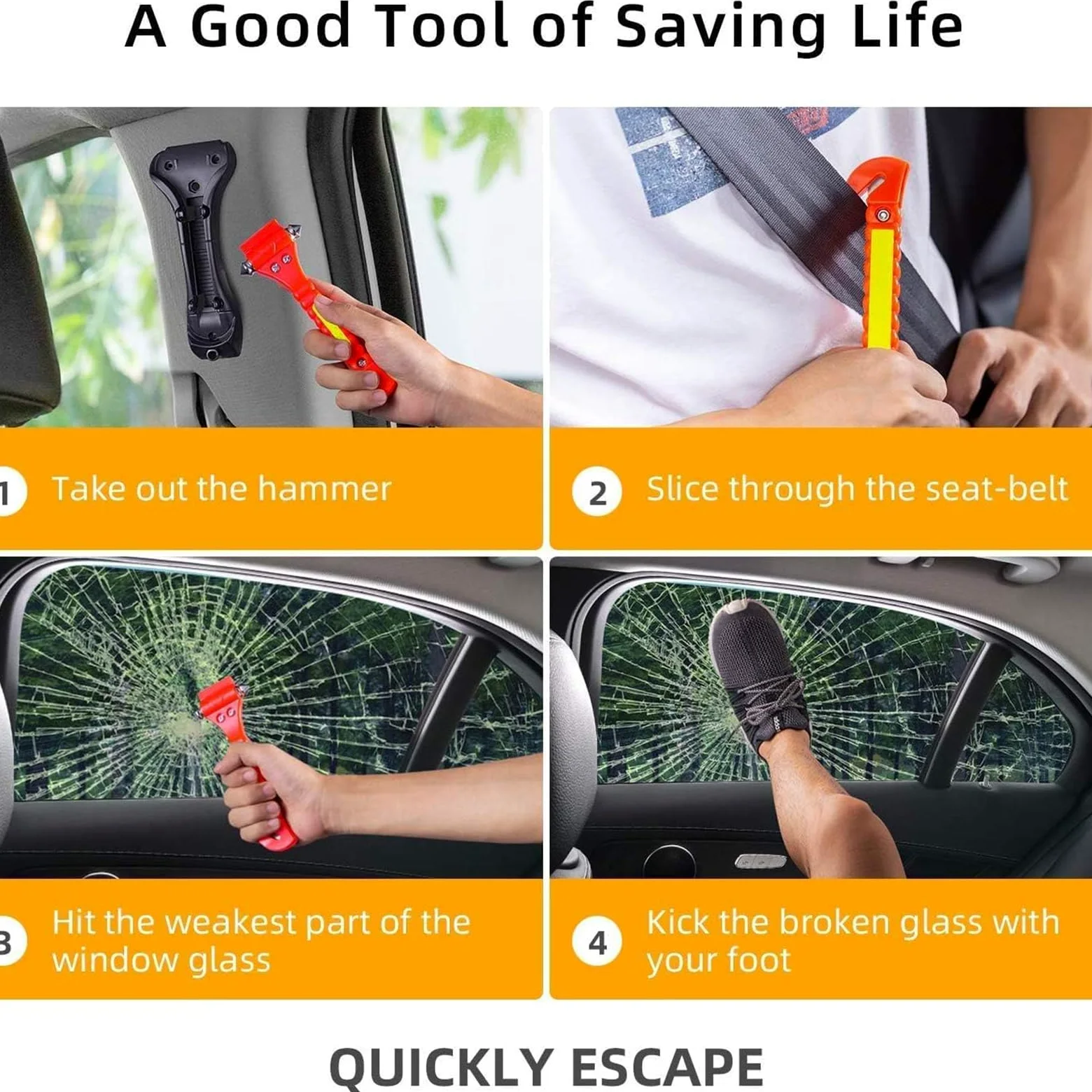 Martillo de Seguridad, Paquete de 50 Herramientas de Escape de Emergencia para Coche, Rompevientos de Coche y Cortador de cinturón de Seguridad con Cinta Reflectante Ligera para Coche Familiar