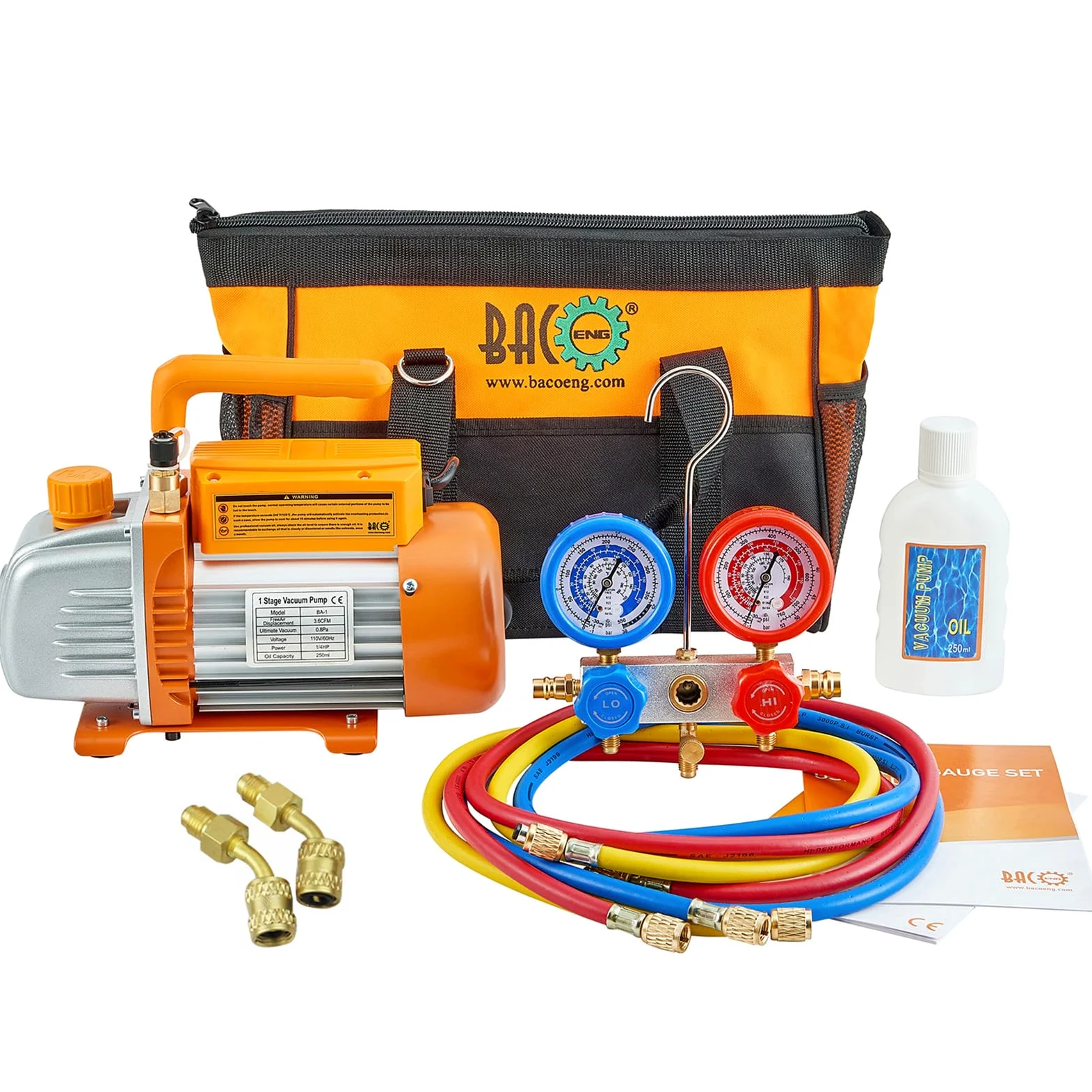 BACOENG Juego de bomba de vacío de 3.6 CFM y manómetro de colector – Kit de refrigeración para el hogar Mini Split/HVAC A/C – Diagnóstico R12 R22 R410A – con funda y adaptadores Mini Split R410a