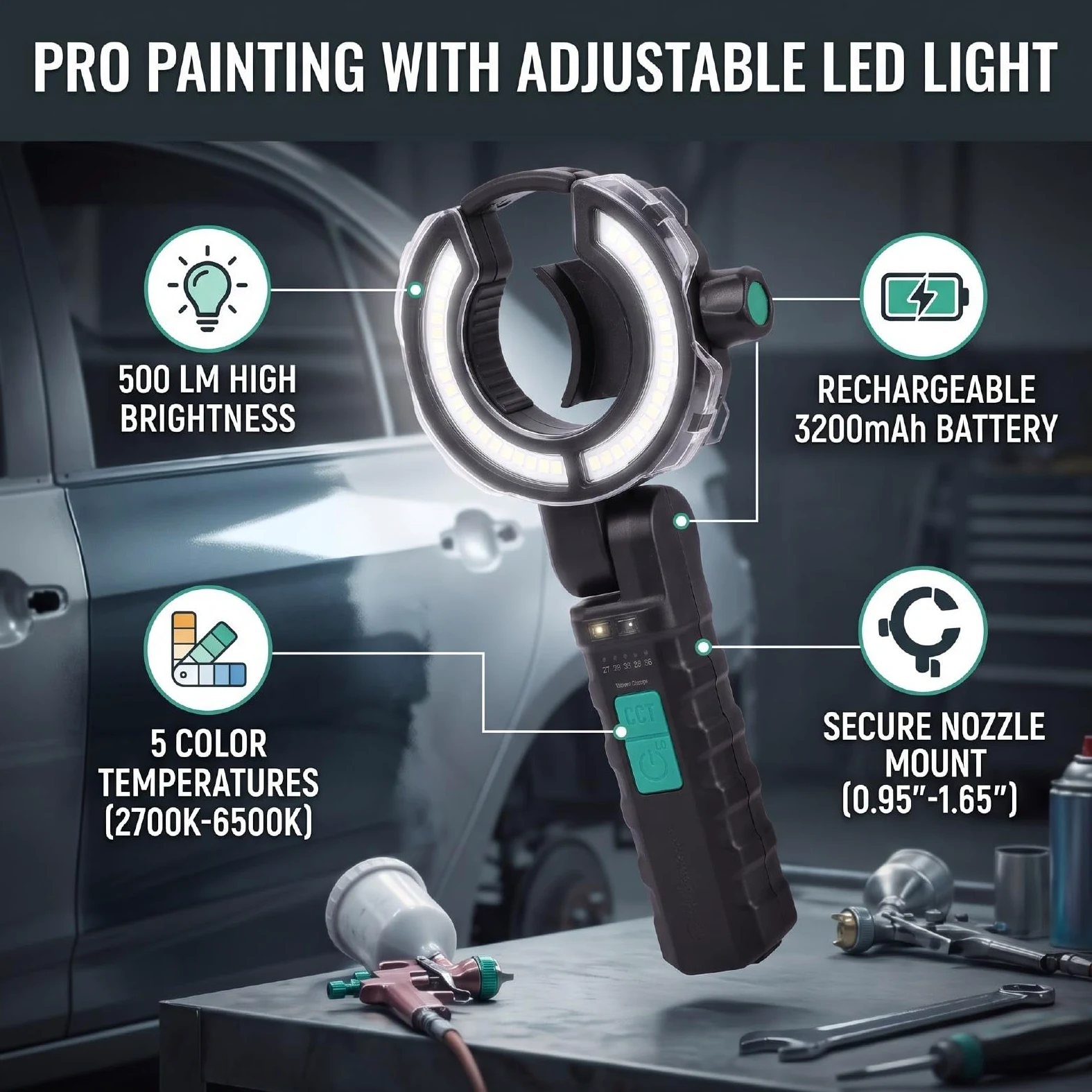 Luz de Pistola de Pintura, Lámpara de Pulverización LED de 500 LM | Luz de Trabajo con Carcasa de Aluminio, 2700K a 6500K y 250 500 LM, Recargable por USB C de 3200 MAh, Se Adapta a Boquilla