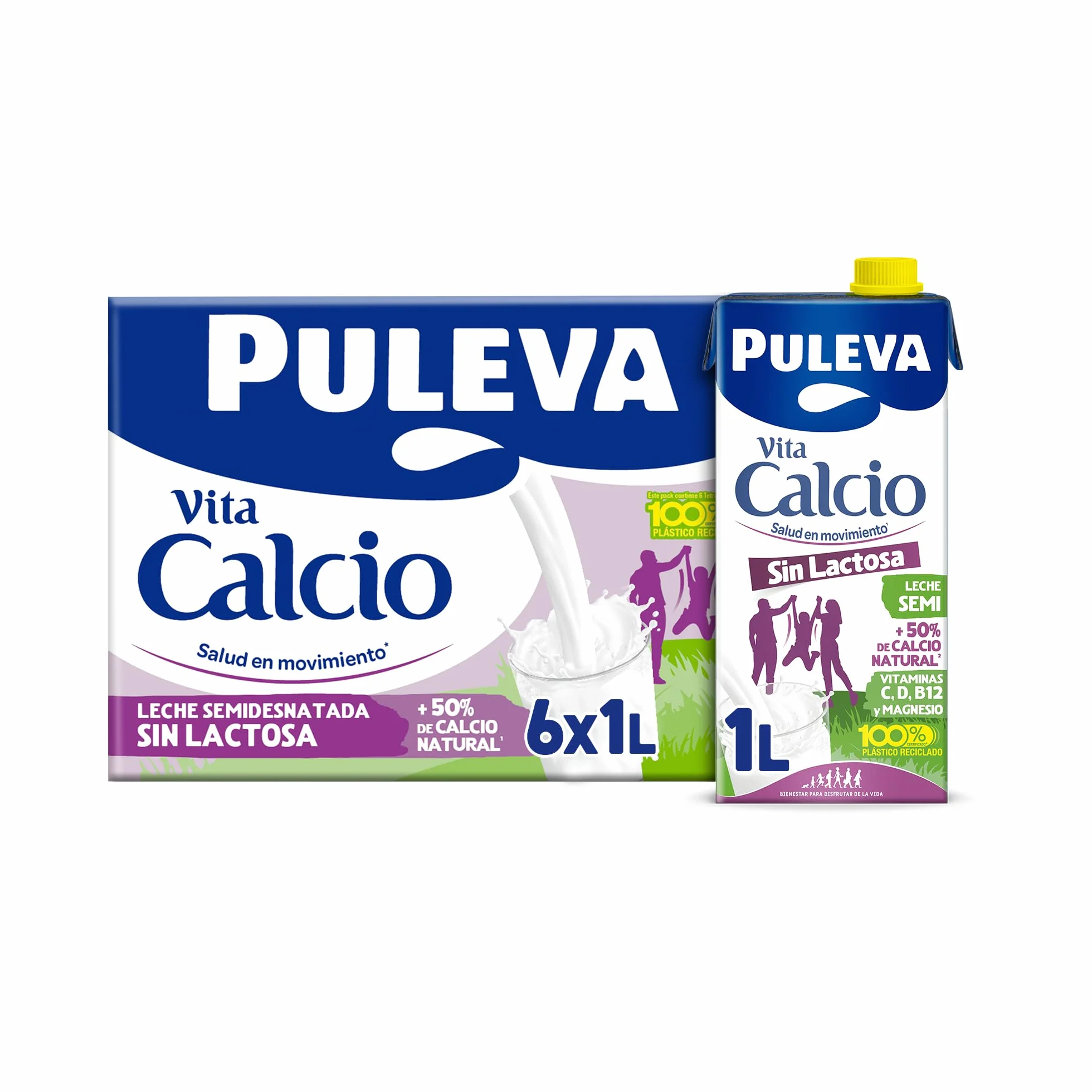 Puleva Vita Calcio Leche Semidesnatada Enriquecida con Calcio Sin Lactosa Pack 6 x 1L