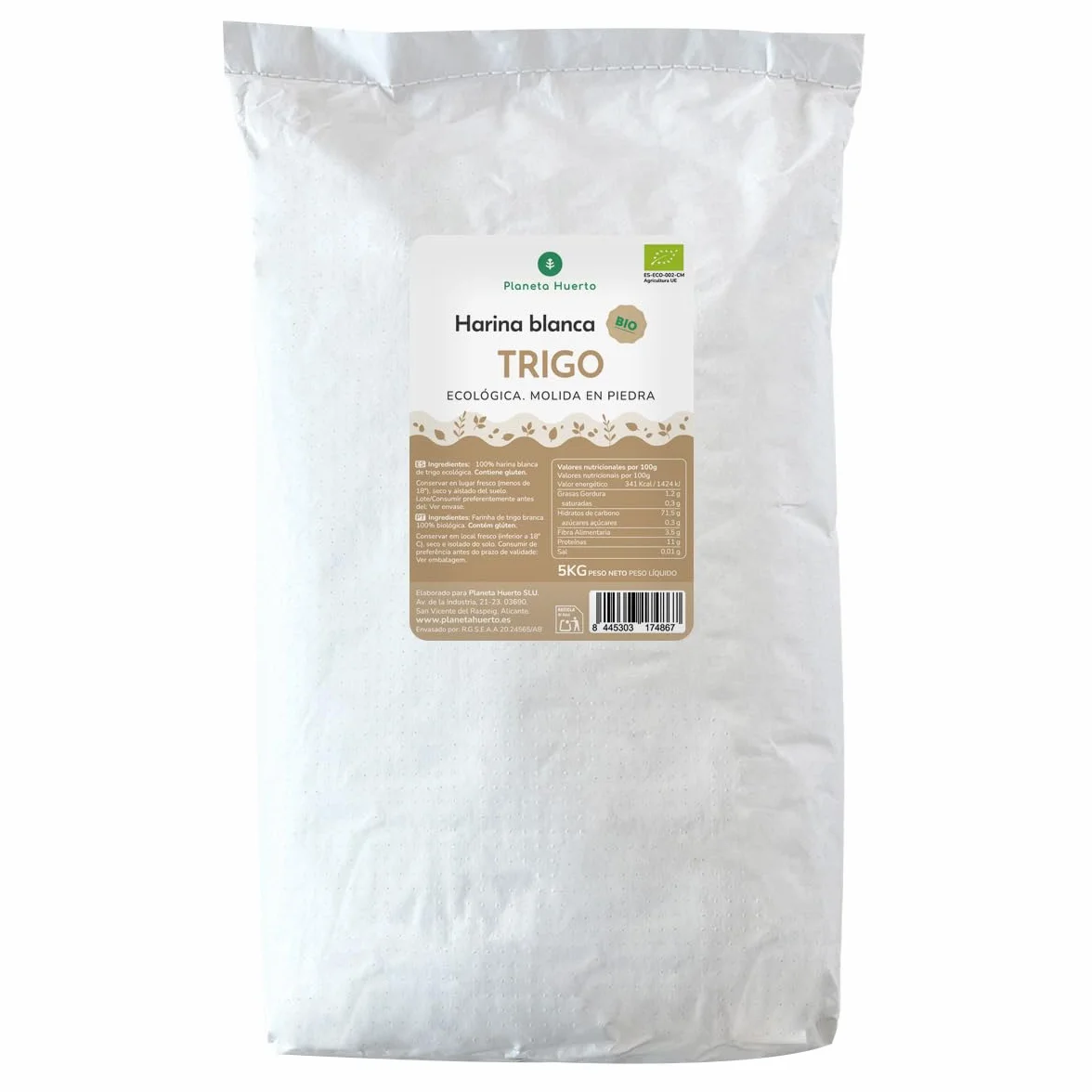 PLANETA HUERTO Harina Blanca de Trigo Eco 5 Kg Rica en Carbohidratos para Preparaciones Horneadas