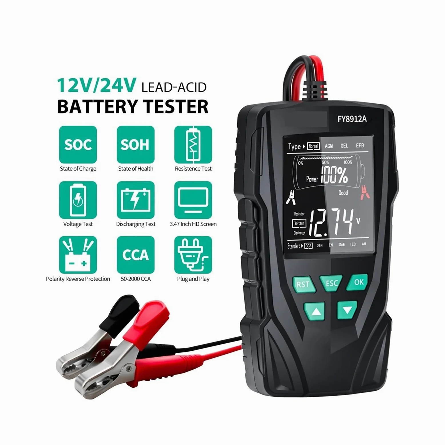 Probador de baterías, Probador de batería de coche FY8912A, 12 V/24 V, for monitoreo de batería de coche, motocicleta, camión, comprobador de carga y capacidad de batería.(FY8912B)