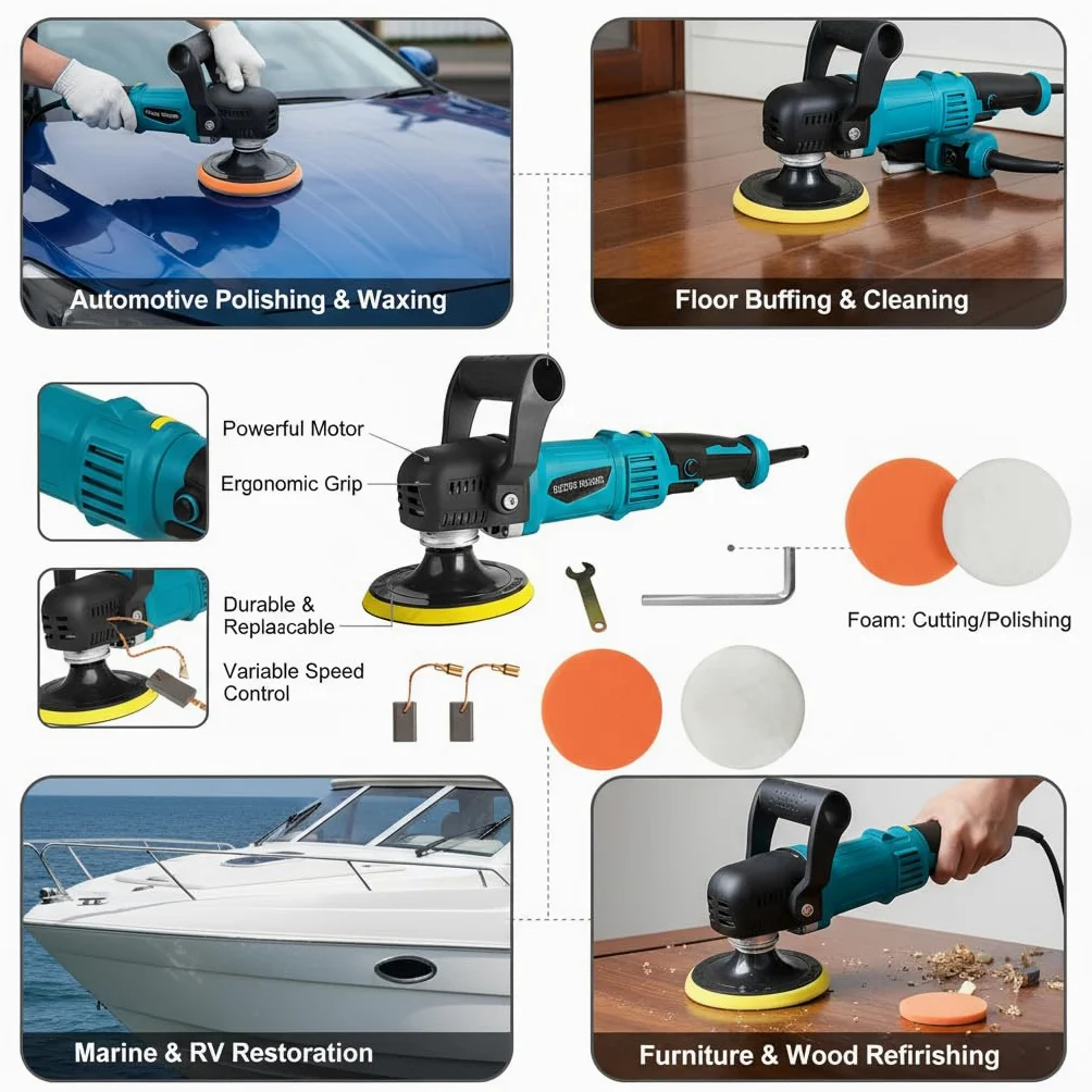 Pulidora para coche, pulidora rotorbital, pulidora para coche 5800 RPM, 6 velocidades ajustables, 2 esponjas abrillantadoras con mango D desmontable para coche, pulido de suelos y cera
