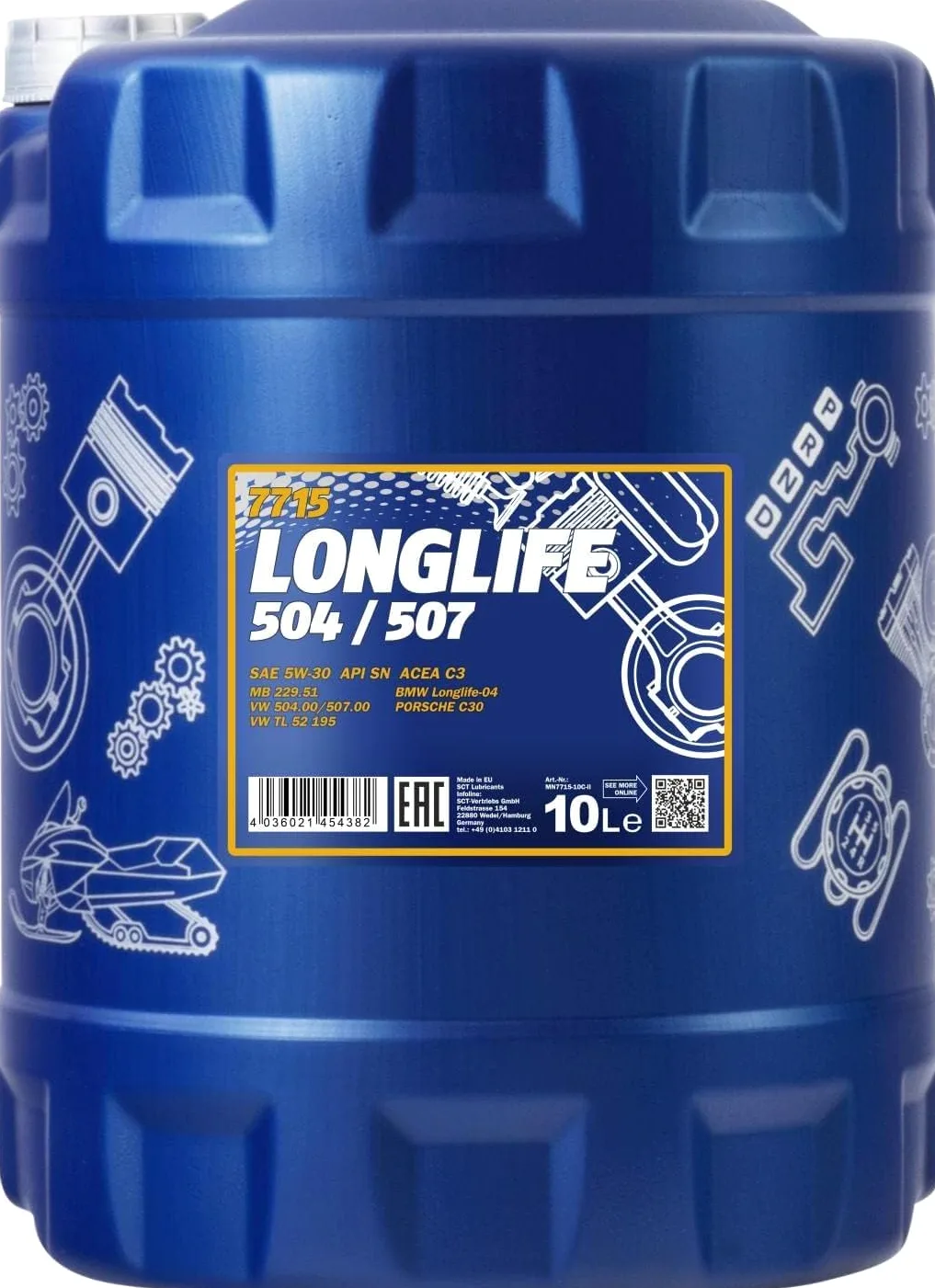 MANNOL Aceite de motor 5W-30 Longlife ACEA C3 API SN 504/507 10L Compatible con VW Polo V Hatchback 6R1, 6C1 up! Hatchback 121, 122, BL1, BL2, BL3, 123 Golf 7 Hatchback 5G1, BQ1, BE1, BE2, TOYOTA