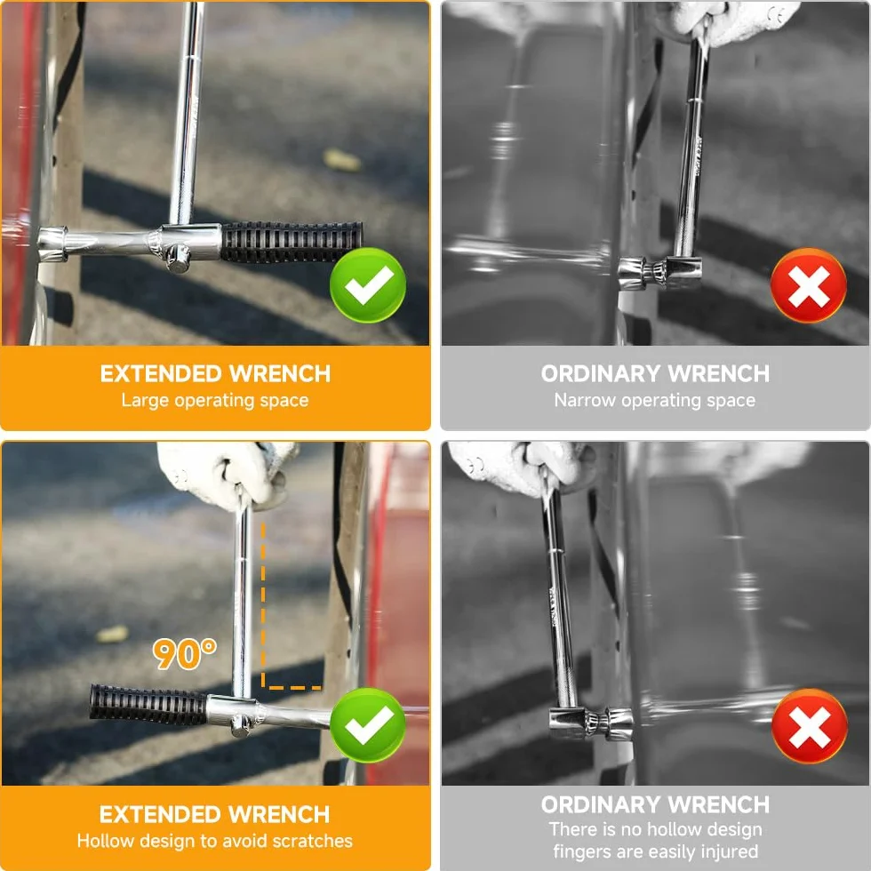 Hoteche Llave combinada para tuercas de rueda, llave cruzada – Varilla CRV, acero al cromo vanadio, 17 x 19 y 21 x 23 tuercas, incluye bolsa de tela Oxford 600D, herramienta profesional de cruz para