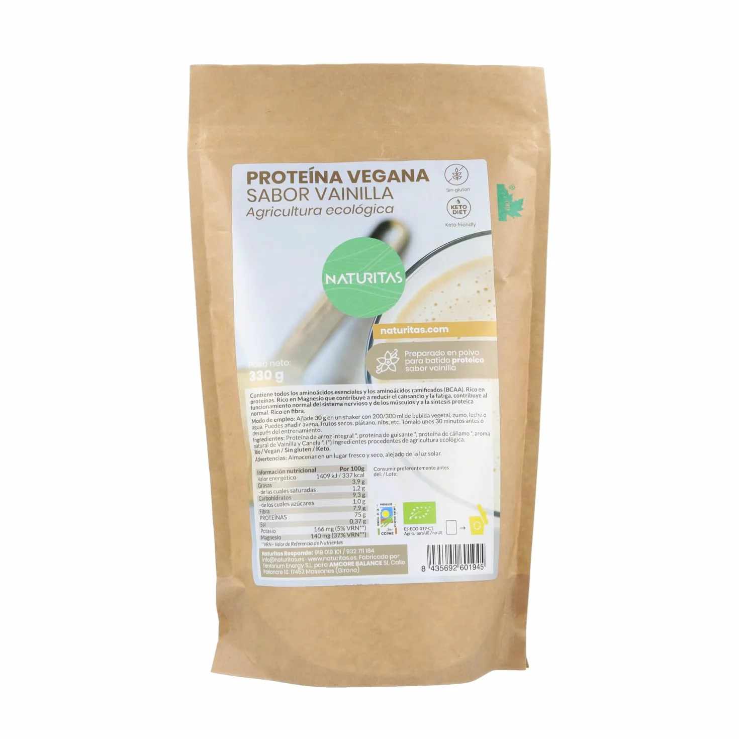 Naturitas Essentials Proteína Vegana de Vainilla Bio 330 g en Polvo Sin Gluten Apta Keto