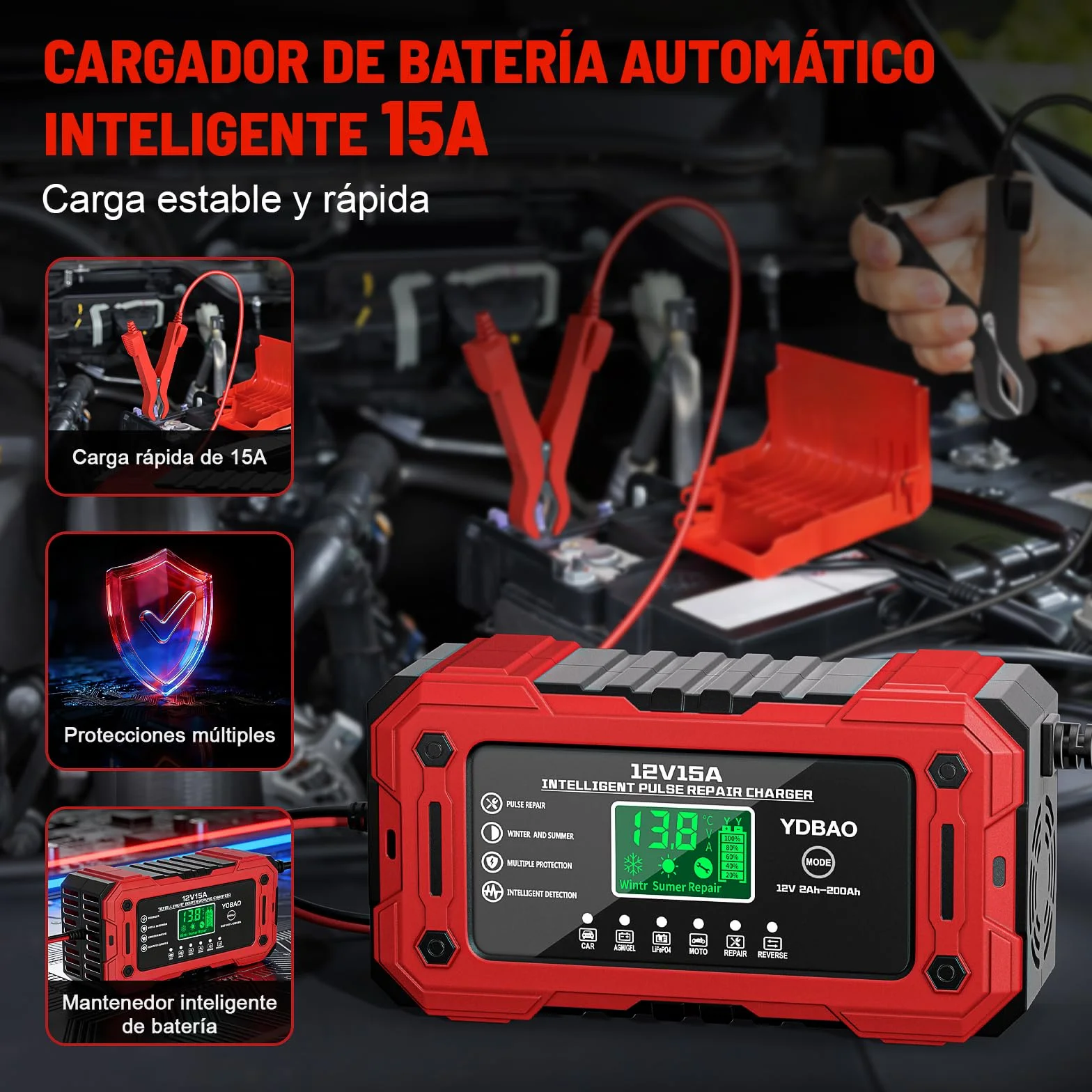 YDBAO 12V 15A Cargador de Batería de Coche Cargador Baterias Coche y Moto Inteligente con Reparación y Pantalla LCD y Múltiples Protecciones Cargador bateria para Coche Moto AGM SLA Gel LiFePO4