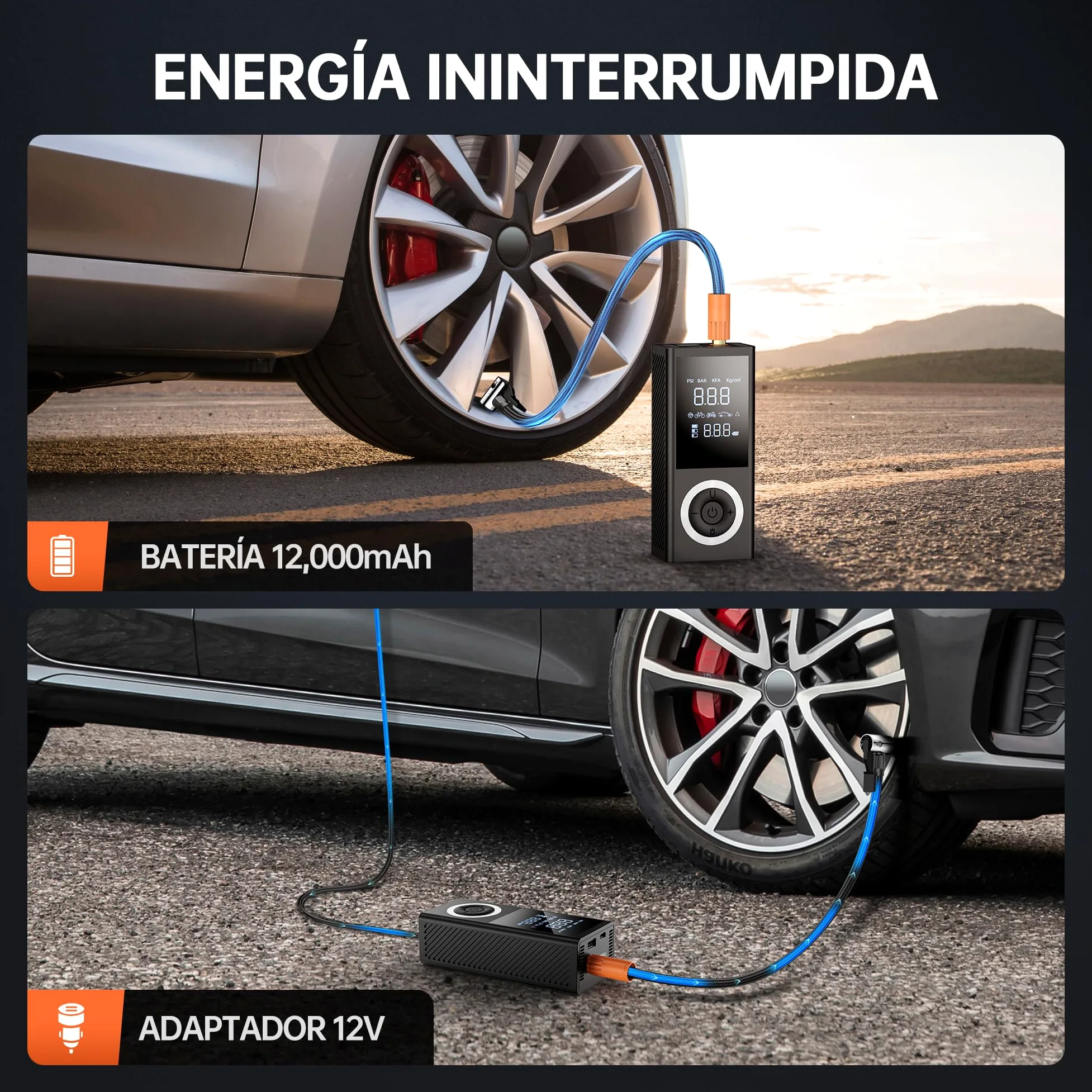 Inflador de Neumáticos 150 PSI – Compresor de Aire Portátil e Inalámbrico con Pantalla Digital, Luz LED, Apagado Automático y Batería Recargable 10000 mAh para Coche, Moto y Bicicleta