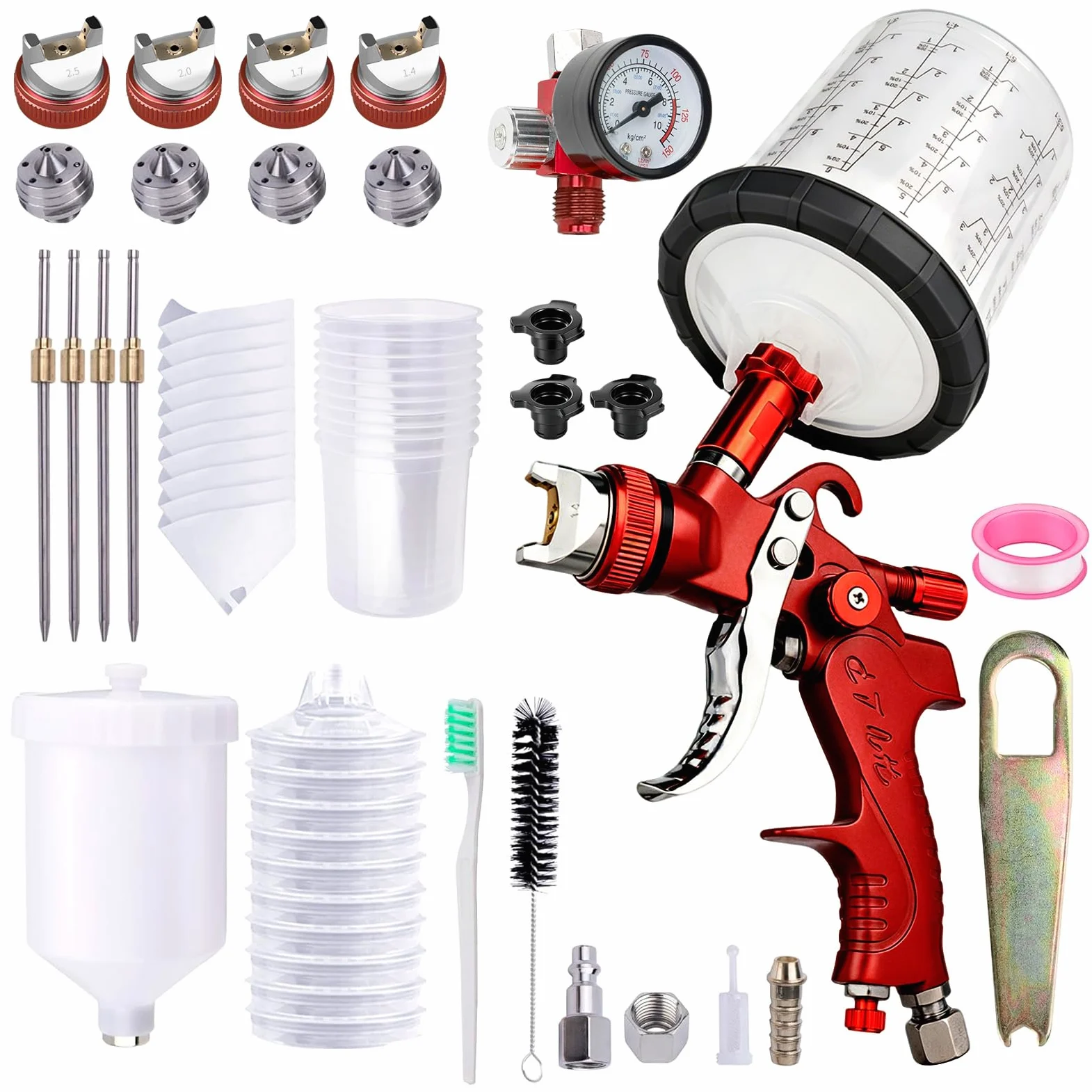 HVLP - Pistola de pulverización con kits de 4 boquillas de 1.4/1.7/2.0/2.5 mm, pistolas de pintura automotrices con 2 tazas, 10 vasos de pintura desechables de 650 ml, pistola de pulverización de