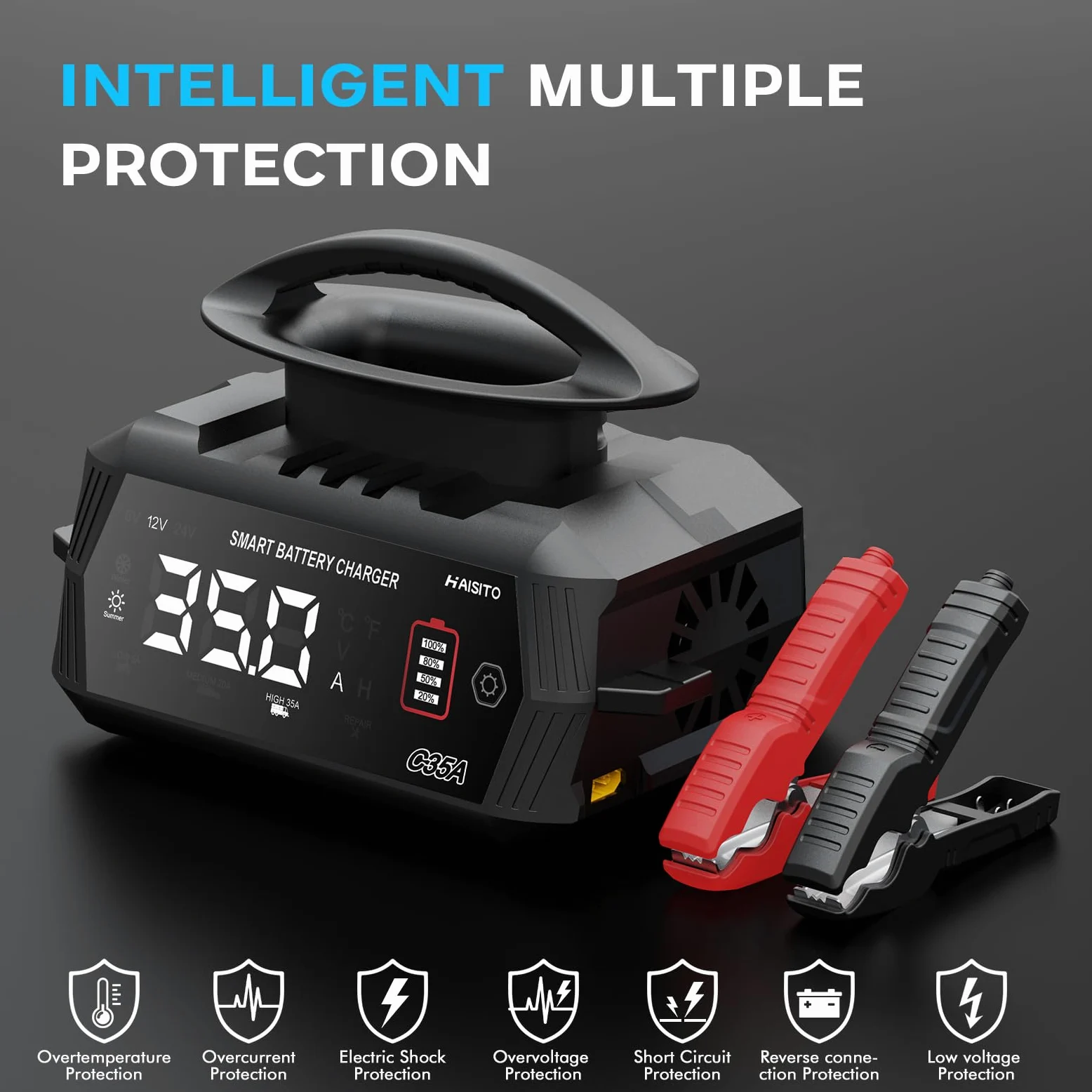 Haisito C35A - Cargador de batería de coche de 6 V/12 V/24 V para coche, moto, cortacésped, barco, litio, LiFePO4 y ácido de plomo (AGM, gel, MF, EFB, SLA, VRLA.