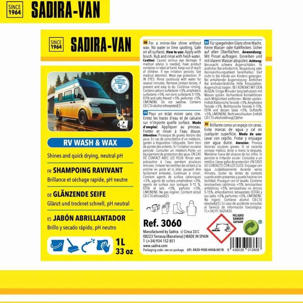 SADIRA VAN Jabón concentrado para autocaravanas 1 L. Limpieza impecable y protección duradera contra marcas de cal en cristales y fibra. Accesorio de mantenimiento de autocaravanes