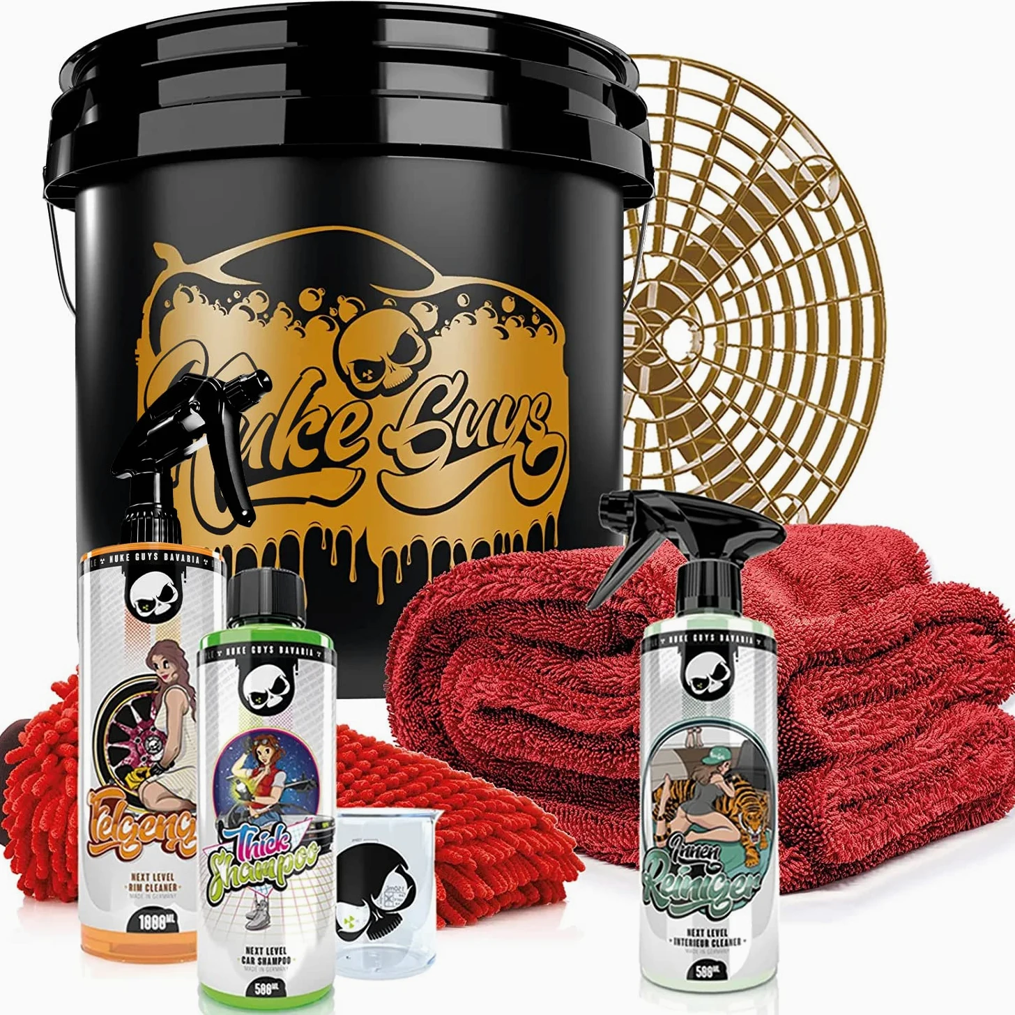Nuke Guys Set de lavado profesional para el lavado de manos óptimos – Gold Bucket 3,5 GAL + Grit Guard + champú grueso 500 ml + gel para llantas 1 L + limpiador interior 500 ml + paño seco + guante de