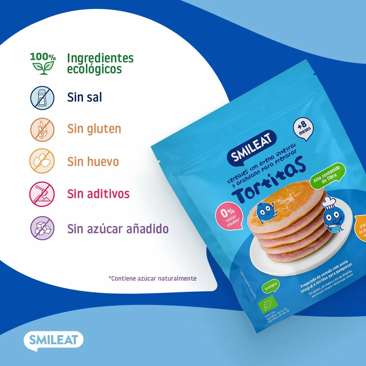 Smileat Preparado para Tortitas de Avena Integral y Arándano 125g Pack 6 Sin Azúcar Añadido Vitamina B1