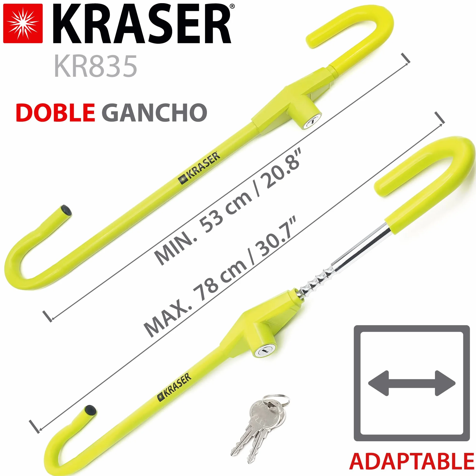 KRASER KR835 Antirrobo Coche Volante Pedal, Barra Amarilla Alta Visibilidad, Cierre Seguridad en Acero, Ajuste Gancho Más Extensible, Cepo Coche Universal Autocaravana Furgoneta