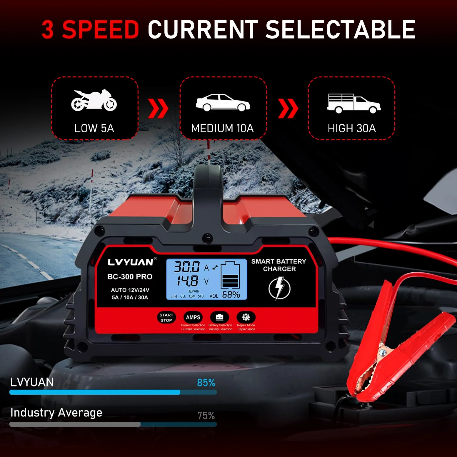 LVYUAN Cargador de batería Inteligente de Coche de 30 amperios, Cargador automotriz de 12 V/24 V, batería de Plomo-ácido, mantenedor de batería LiFePO4 con Pantalla LCD, Cargador de Goteo, para