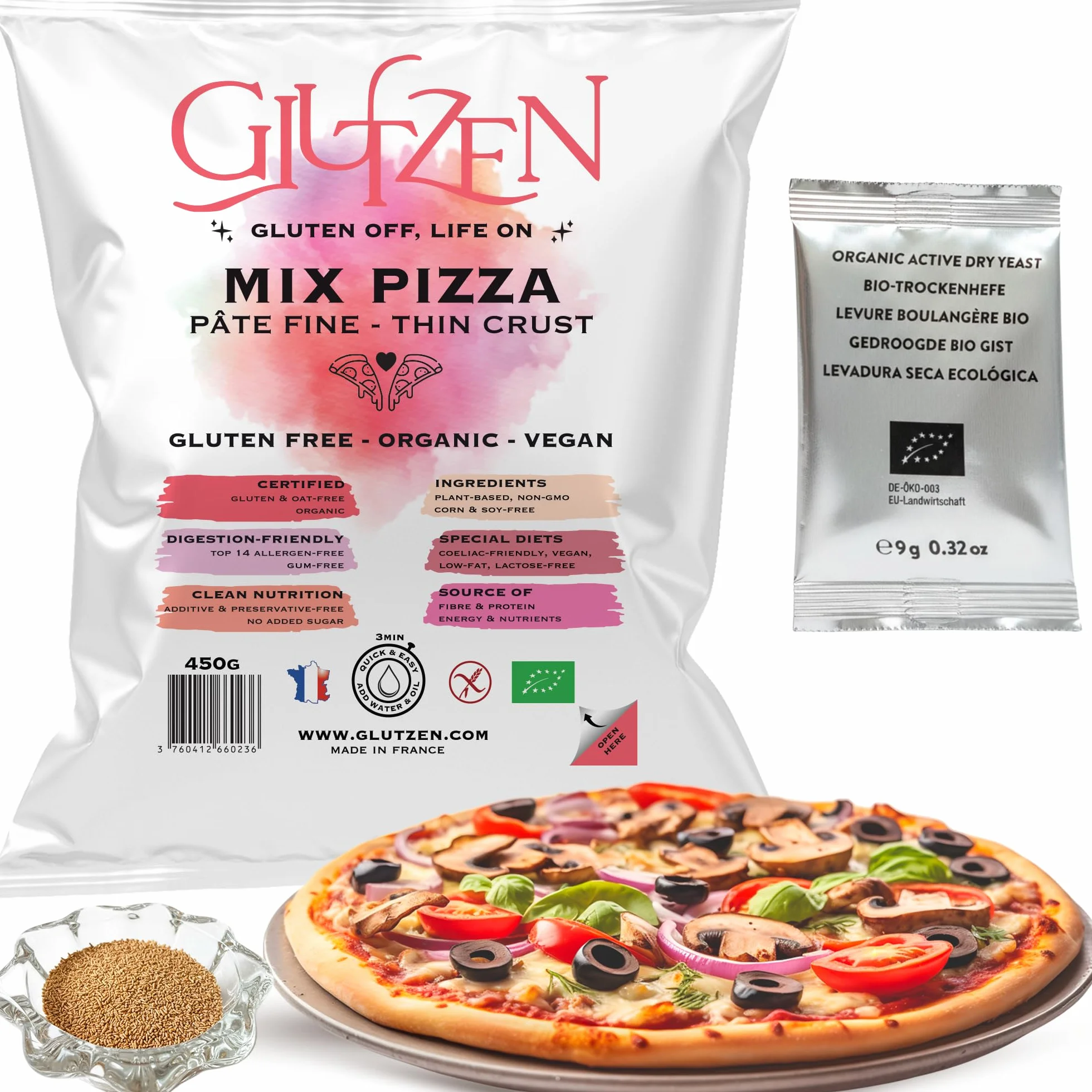 GLUTZEN Pizza Sin Gluten Bio Mix Masa Fina y Crujiente Base Sin Amasado Levadura Incluida Harinas Vegano FODMAP