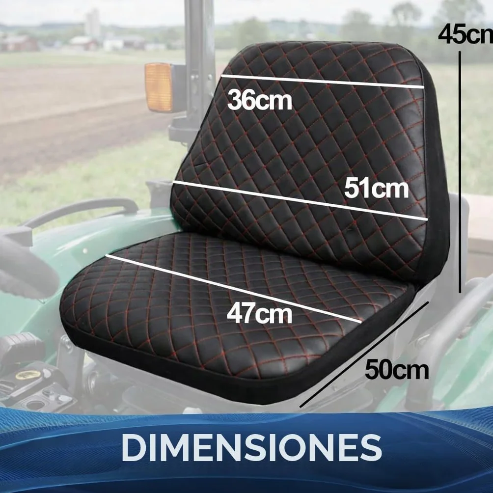 Funda de asiento universal para tractor de piel sintética acolchada, negro con costuras rojas