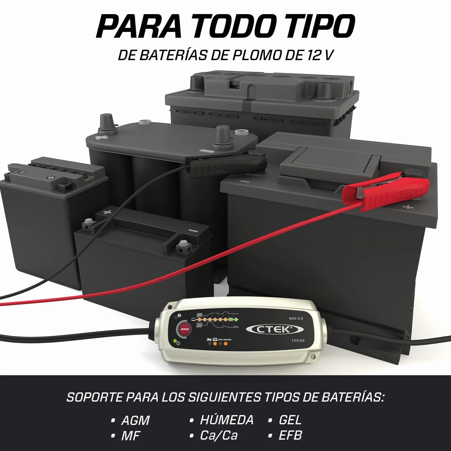 CTEK MXS 5.0, Cargador Batería 12V 5A con Compensación De Temperatura Incorporada, Cargador De Batería De Coche Y Moto, Cargador Inteligente Baterias, Mantenedor De Batería con Opción De AGM Dedicada