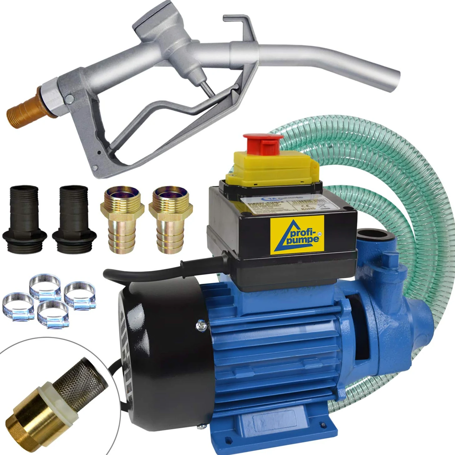 Profi-Pumpe® Diesel Profi-600 | Kit de Bomba de Trasvase 230V | Caudal 2.400 l/h y 600W | Con Pistola de Aluminio, Mangueras de 25mm y Válvula de Latón | Autocebante