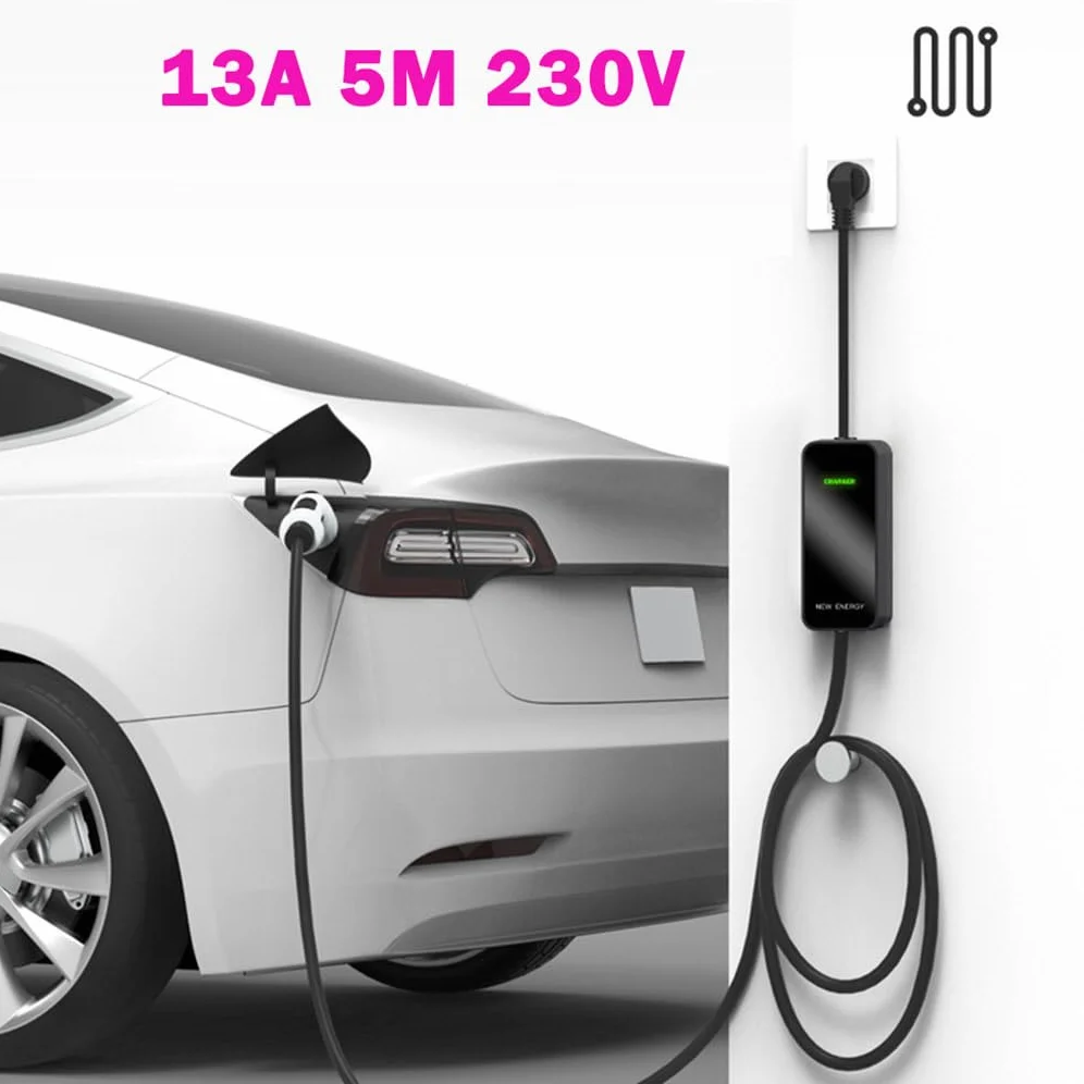 Para Sistema de Carga portátil 5M 13A Cable de Carga EV 3 Pines, Negro | Cargador rápido para vehículo eléctrico Cargador para coche Reino Unido Hoy