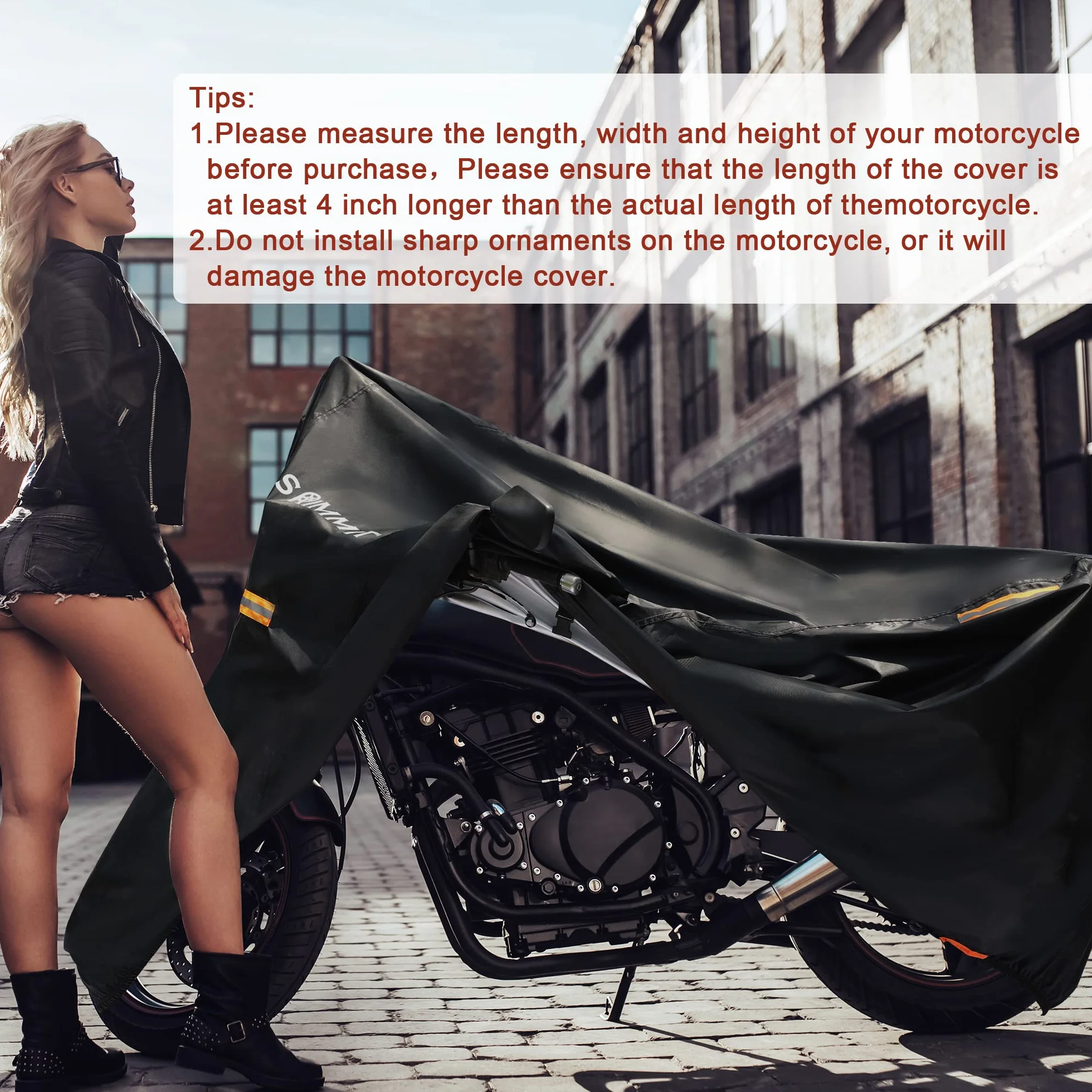 Funda para Moto, Cubierta de Motocicleta Premium 420D, Robusta y Duradera, Protección Exterior Optima, Visible Matrícula, 4 Bandas Reflectantes Brillantes, Agujero de Bloqueo Seguro - M:200x90x110 cm