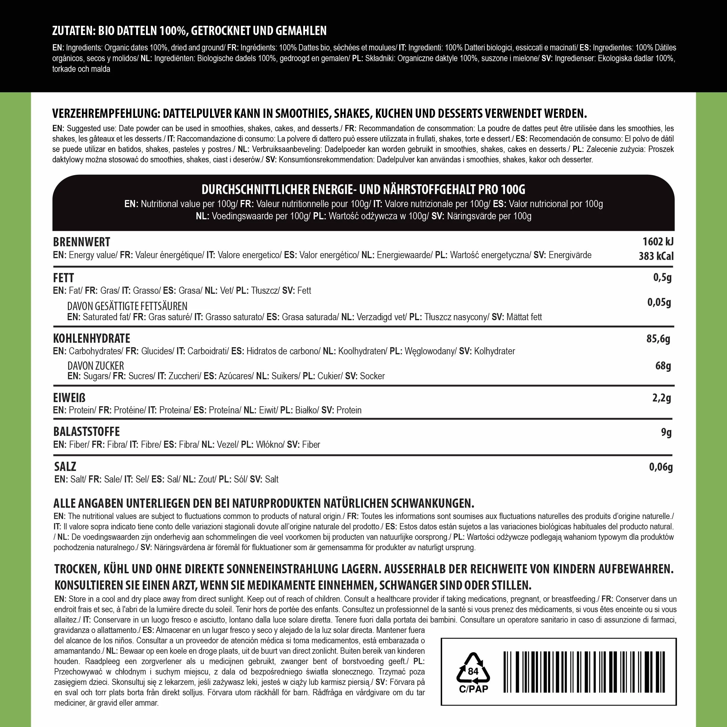 Alpi Nature Azúcar de Dátil Orgánico 1kg, Dátiles Orgánicos Molidos en Polvo, Sustituto del Azúcar