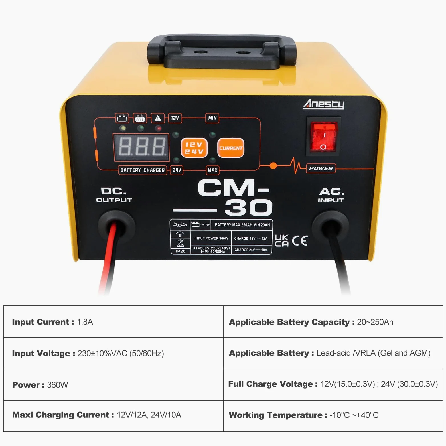 Anesty Cargador de batería de coche de 12 V, 24 V, 20-250 Ah, cargador de batería inteligente de plomo-ácido, unidad de carga automática de batería de coche resistente para furgoneta, motocicleta,