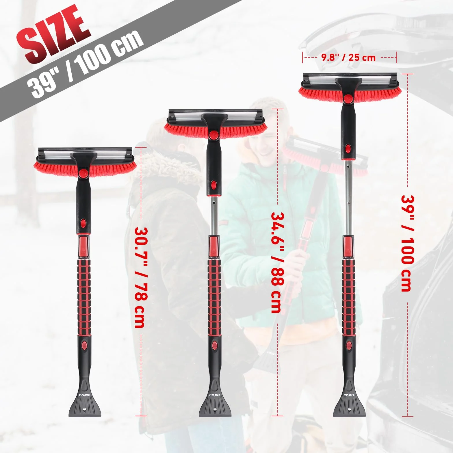 COFIT 3 en 1 Cepillo de Nieve y Rascadores Hielo con Telescopico Mango, 100cm Rasqueta Vitroceramica Parabrisas, Herramienta Quitar Sin Arañazos para Autocaravanas Camion SUV Exterior Limpieza, Rojo