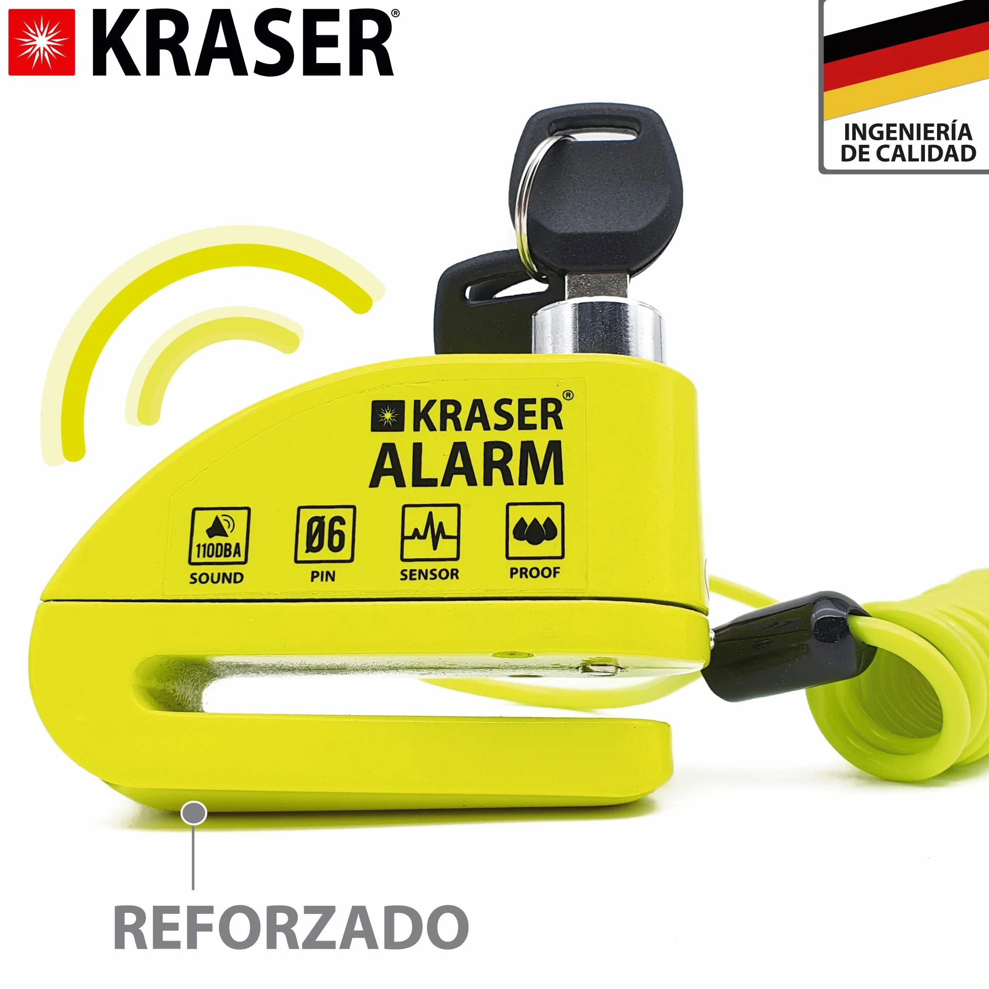 KRASER KR6Y Candado Moto con Alarma 110dB Antirrobo Disco Reforzado 3 Llaves Alta Seguridad Impermeable