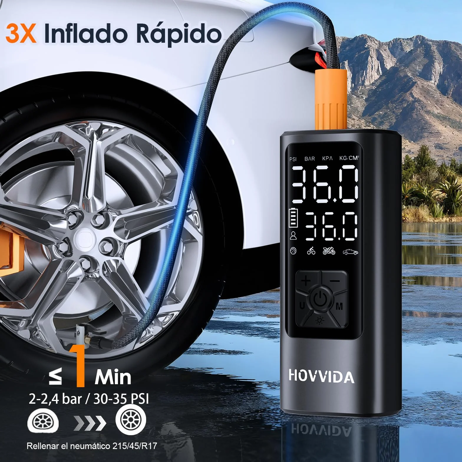 HOVVIDA Compresor Aire Portatil 150 PSI 10,3 Bar 5V Inflador Ruedas Coche Bicicleta Batería Recargable LED