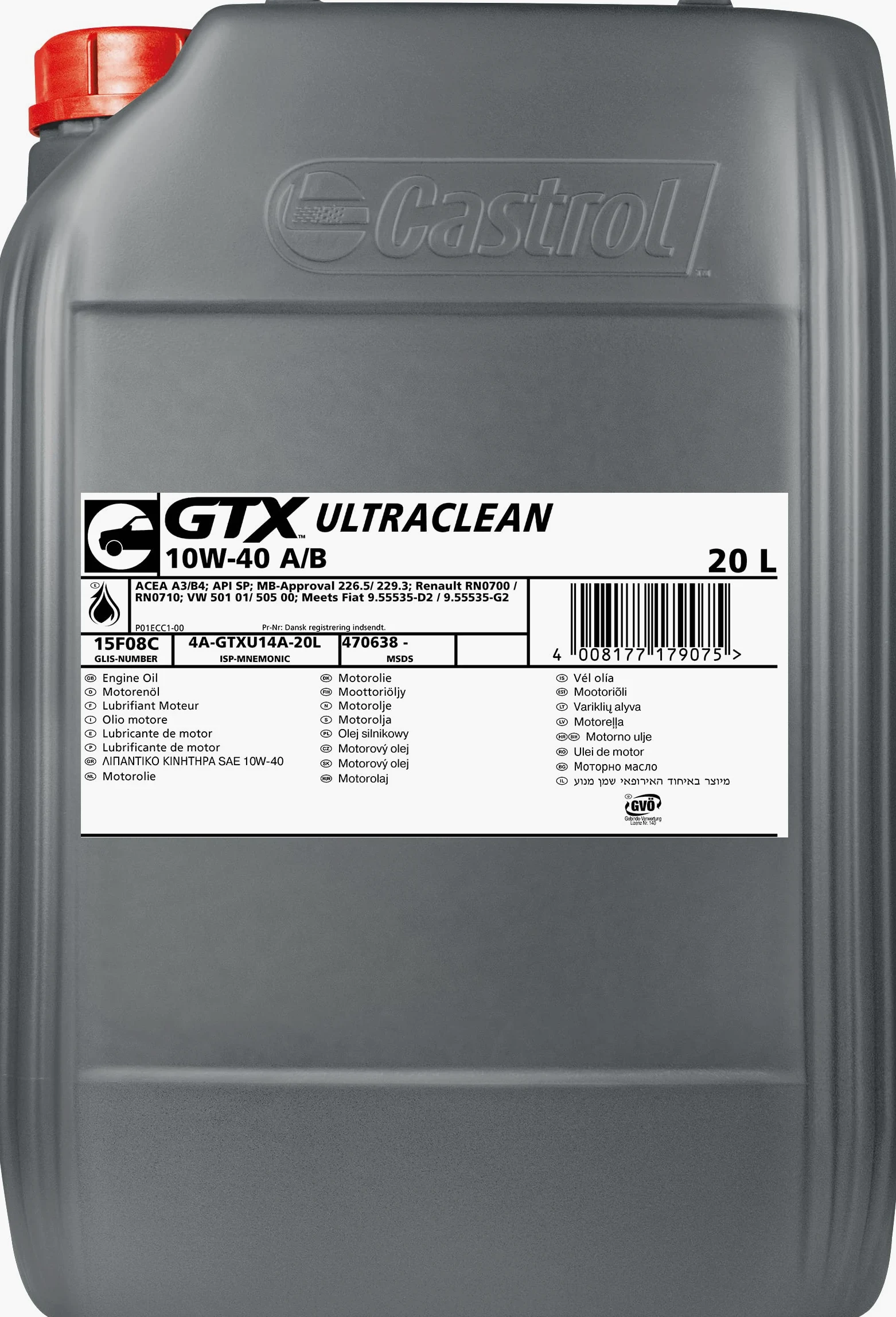 CASTROL Aceite de motor 10W-40 GTX aceite parcialmente sintético ACEA A3/B4 API SP Ultraclean A/B 20L Compatible con SKODA Fabia II Combi 545, RENAULT Megane 3 Grandtour KZ0/1 Clio 4 Grandtour KH