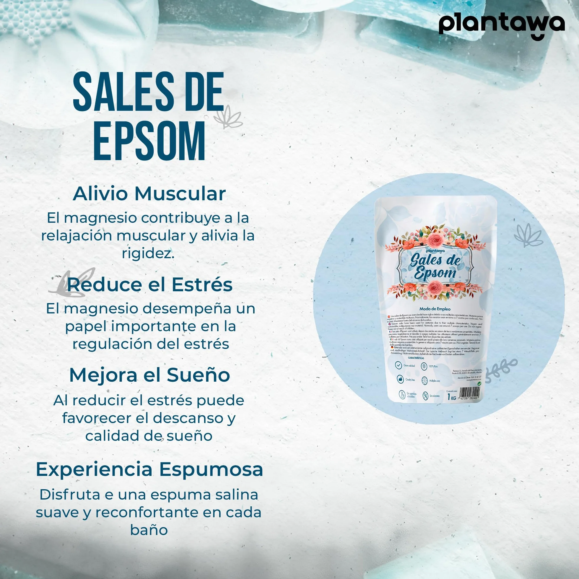Plantawa Sales de Epsom 1KG | Sal de Baño Concentrado de Magnesio Puro | 100% Naturales para Baño Relajante