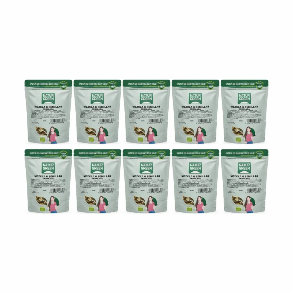 NaturGreen Mezcla 6 Semillas para Ensalada Bio 10 x 450 g, Lino, Girasol, Calabaza, Cáñamo, Sésamo, Chía, Omega 3, Fibra, Proteína, Sin Gluten, Vegano