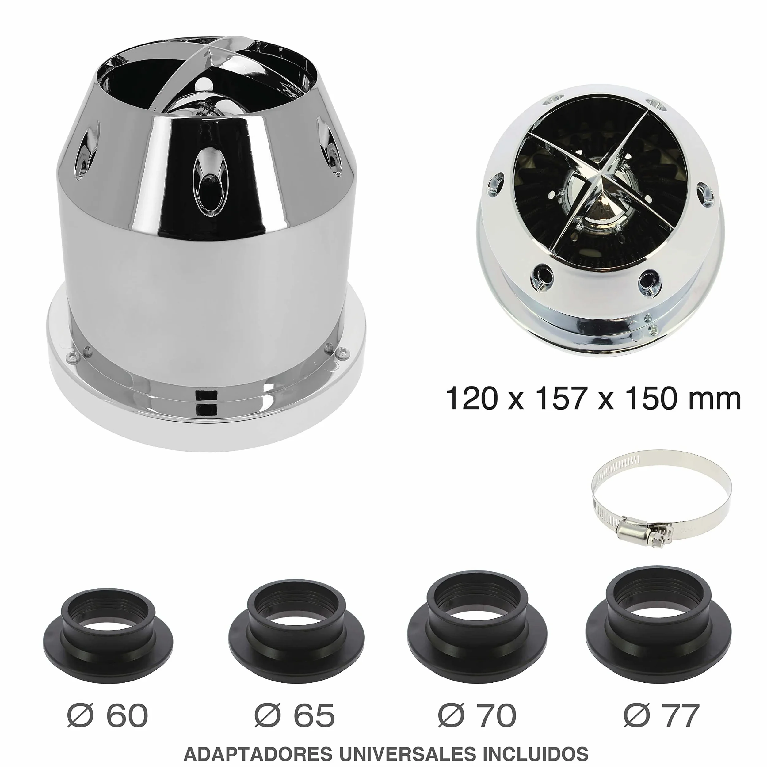 S SUMEX Filtro de Aire Universal para Coche Incluye 4 Adaptadores 60mm 65mm 70mm 77mm Filtro Aire de Entrada Alto Flujo Limpiador de Aire Color Cromado