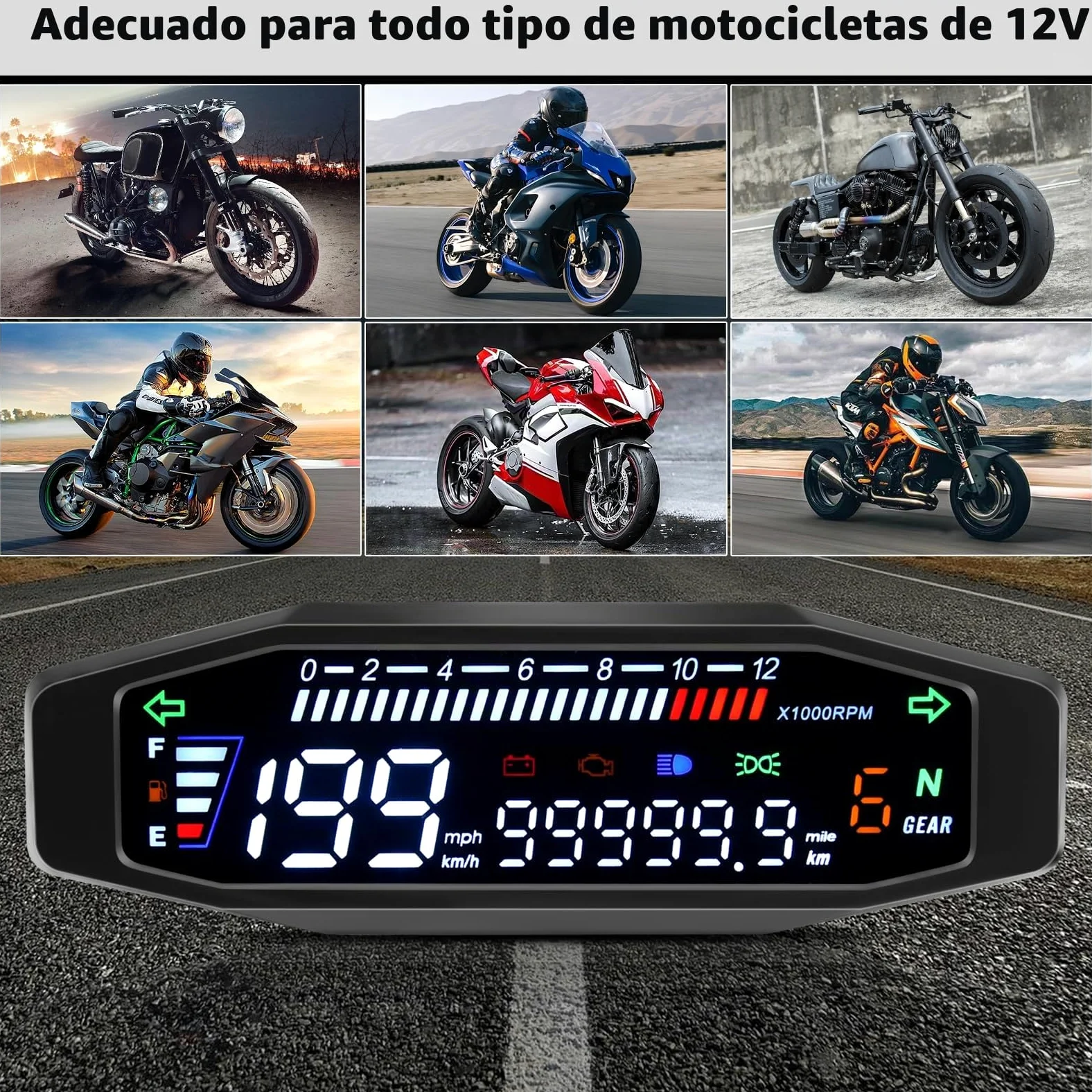 KAOLALI Velocímetro Universal Mejorado para Motocicleta, Tacómetro Digital Impermeable de 12000 RPM para Medidor de Aceite de Motocicleta, Cuentakilómetros Dual, Velocímetro