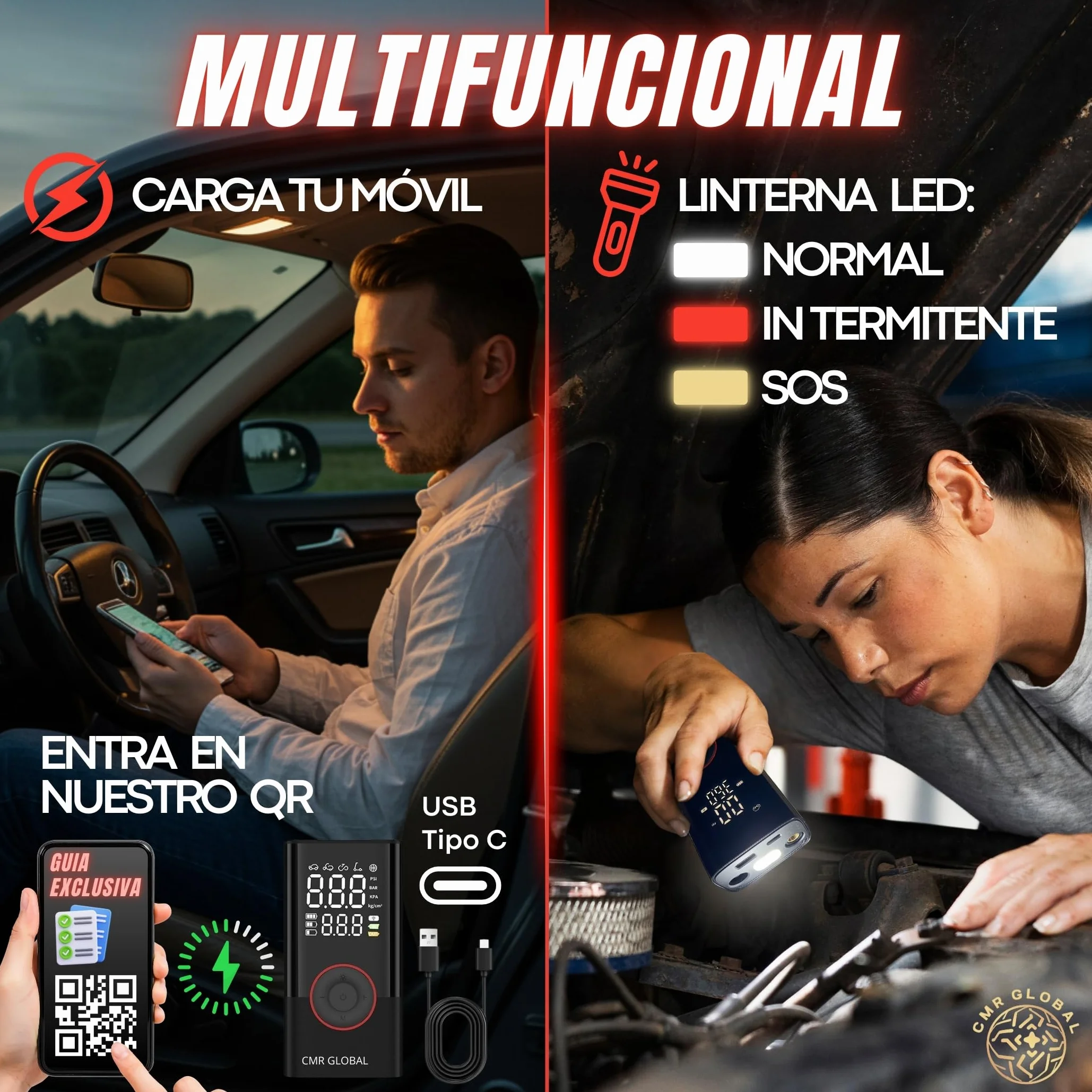 SUPER PRO Compresor Aire Portatil. Inflador Ruedas Coche. Inflador Eléctrico con Linterna 150 PSI para Coche Moto Bicicleta Pelota. Hinchador eléctrico Batería Recargable 4000 mAh. Viaje Emergencia