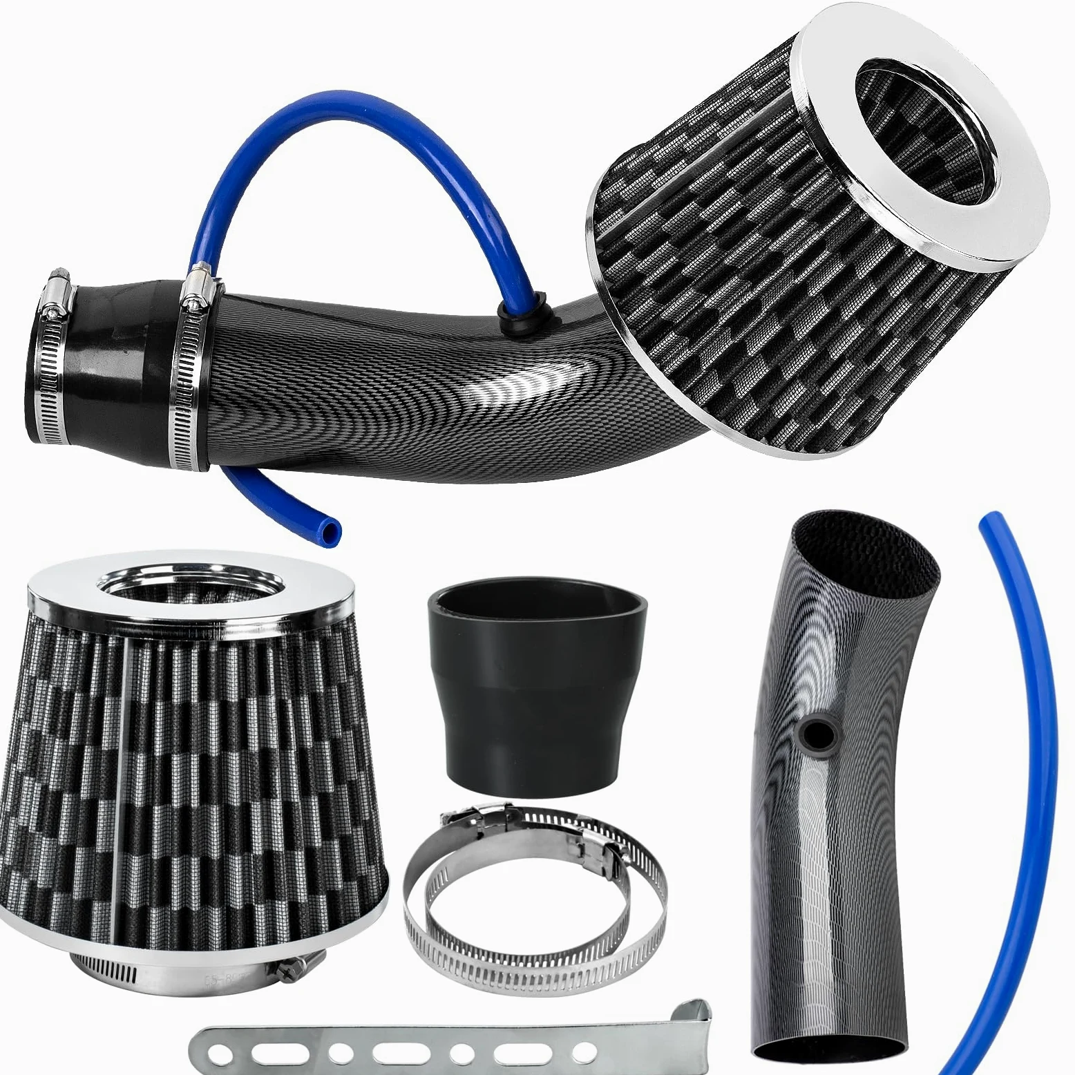 Catekro 76mm Toma de Aire Frío, Filtro Cónico Universal con Tubería de Aluminio Sistema de Admisión de Aire para Aumentar Potencia y Mejorar Sonido del Motor Filtro Reutilizable para Coche (Negro)